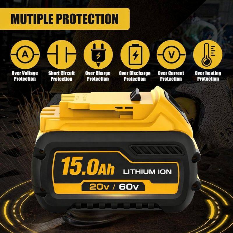 MUTIPLE PROTECTION  
- Over Voltage Protection  
- Short Circuit Protection  
- Over Charge Protection  
- Over Discharge Protection  
- Over Current Protection  
- Over heating Protection  

15.0Ah LITHIUM ION  
20v / 60v