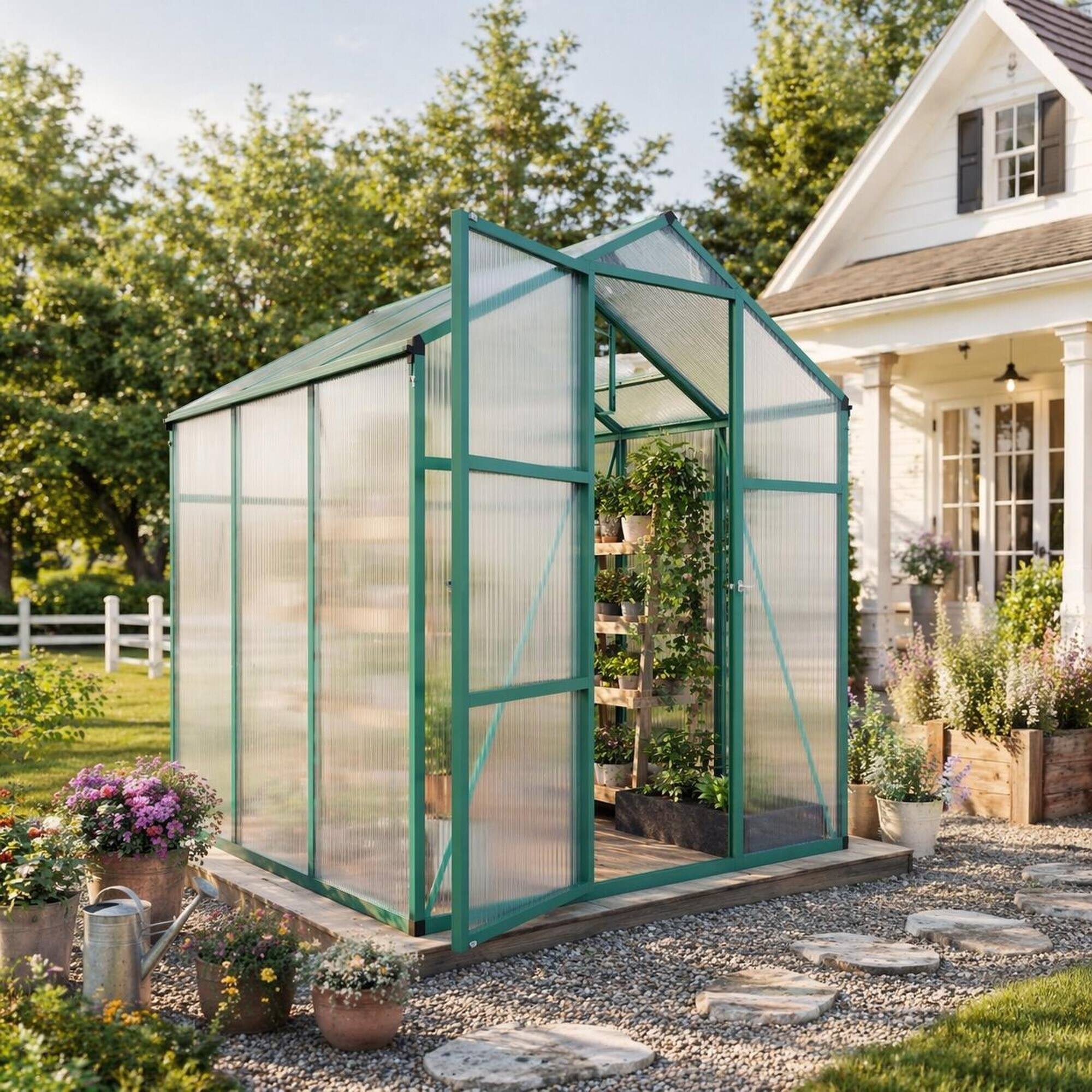 Angle. RYHNUYNE - 6x6 ft Walk-in Greenhouse, Aluminum Frame, 4mm Polycarbonate Panels, Raised Base, Outdoor Backyard.