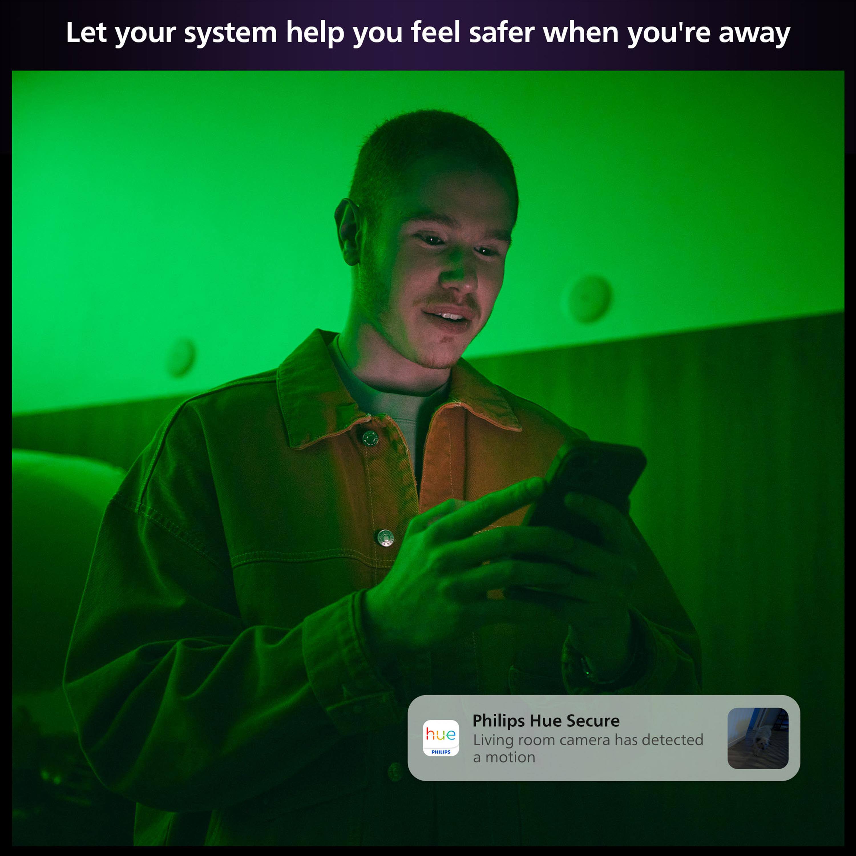 Let your system help you feel safer when you're away. Philips Hue Secure has detected a motion in the living room camera.