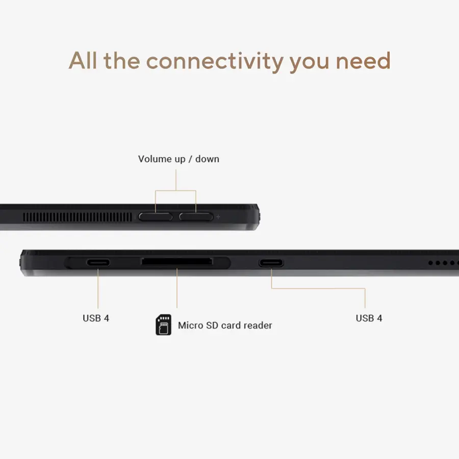 All the connectivity you need: Volume up/down + USB 4 + Micro SD card reader + USB 4.