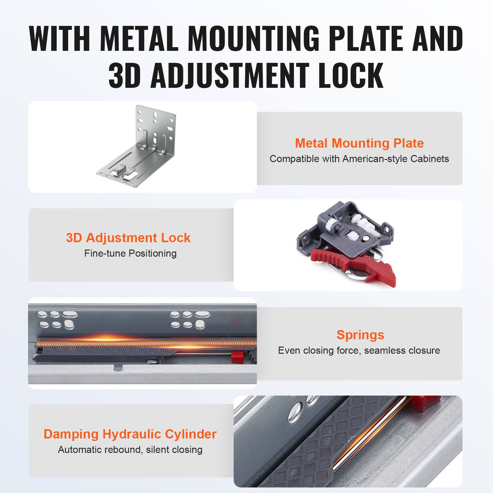 WITH METAL MOUNTING PLATE AND 3D ADJUSTMENT LOCK

- Metal Mounting Plate
  - Compatible with American-style Cabinets

- 3D Adjustment Lock
  - Fine-tune Positioning

- Springs
  - Even closing force, seamless closure

- Damping Hydraulic Cylinder
  - Automatic rebound, silent closing