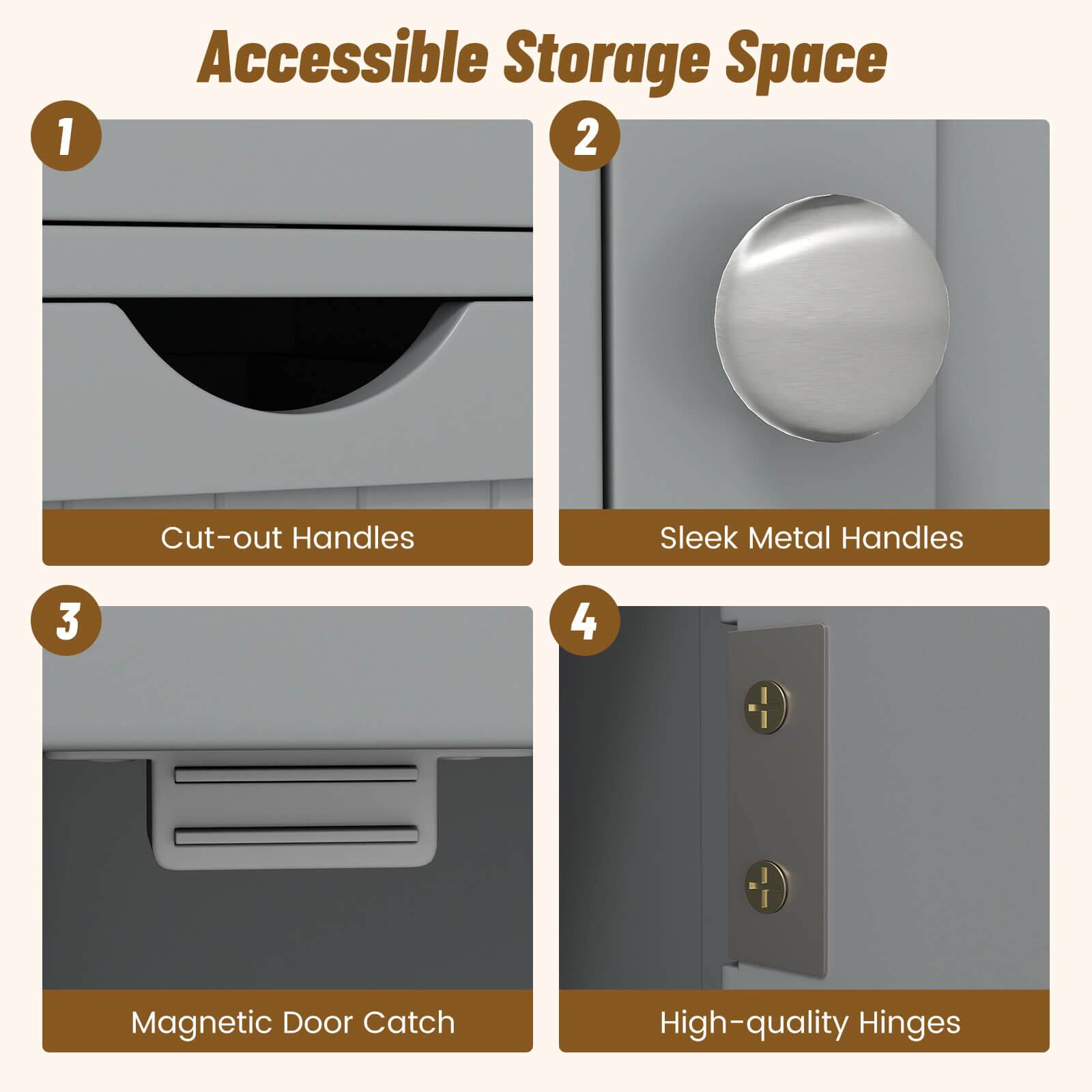 1. Accessible Storage Space
2. Cut-out Handles
3. Sleek Metal Handles
4. Magnetic Door Catch
5. High-quality Hinges