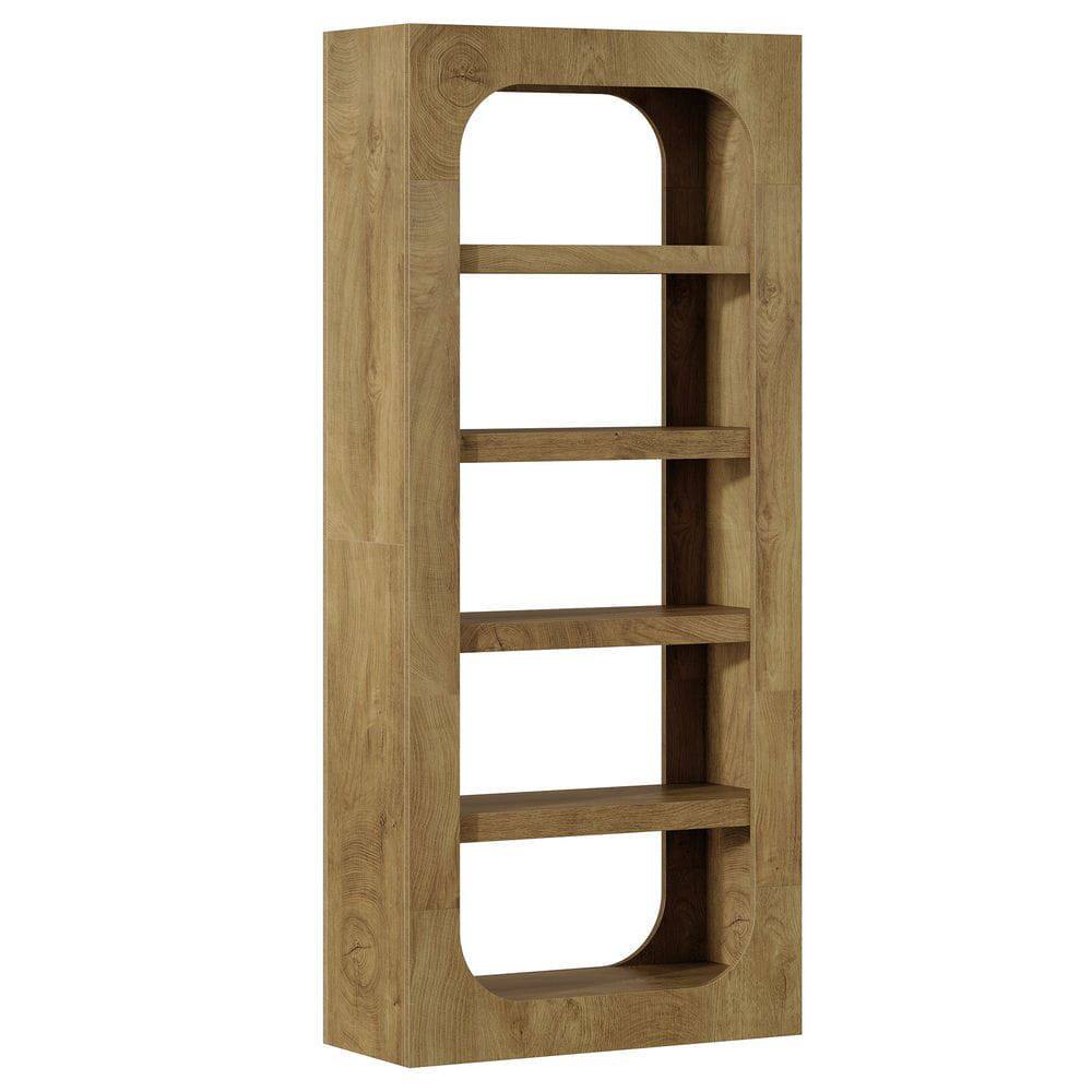 Left. Kadyn - 70.8-Inch Tall Farmhouse 5-Tier Bookcase, Large Wooden Bookshelf with Storage, Brown - Brown.