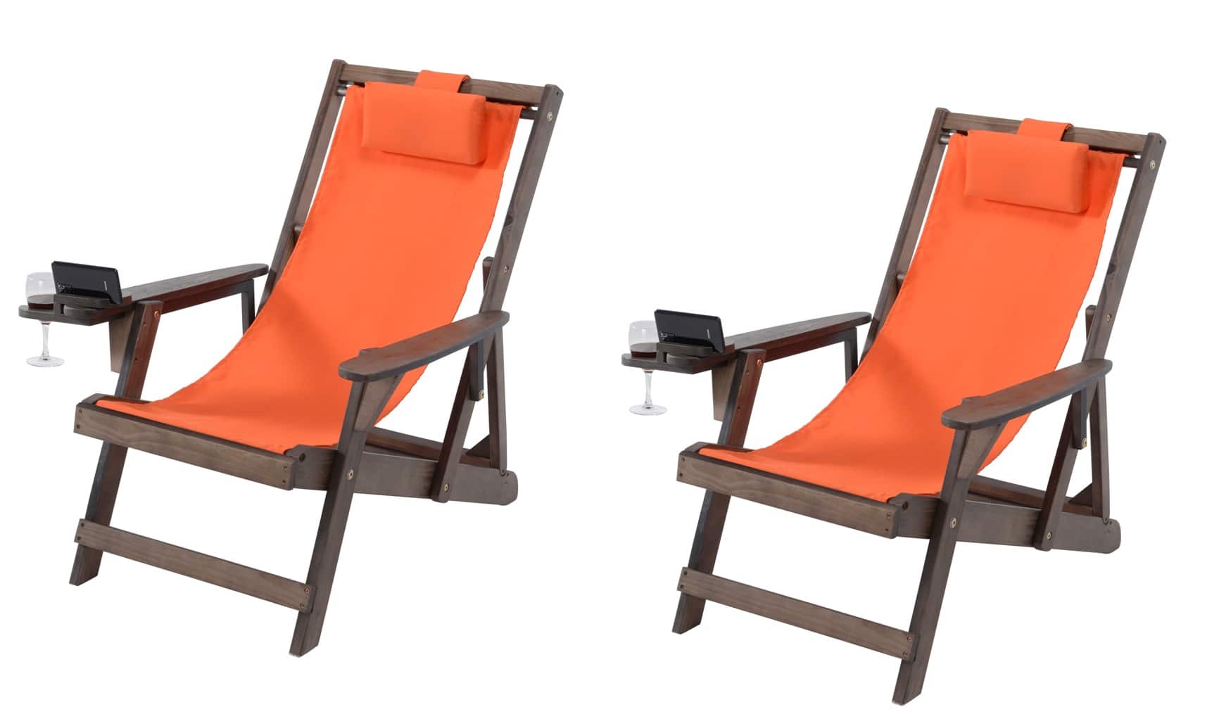 Jiallo - Romantic Collection Canvas Sling Chair with Cup and Wine Holder (Set of 2) - Dark Brown Color with Orange Fabric
