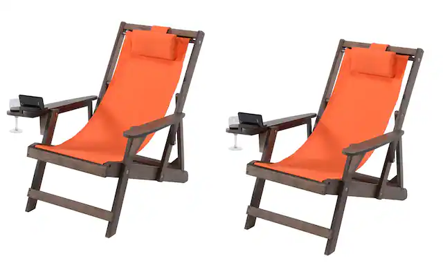 Front. Jiallo - Romantic Collection Canvas Sling Chair with Cup and Wine Holder (Set of 2) - Dark Brown Color with Orange Fabric.