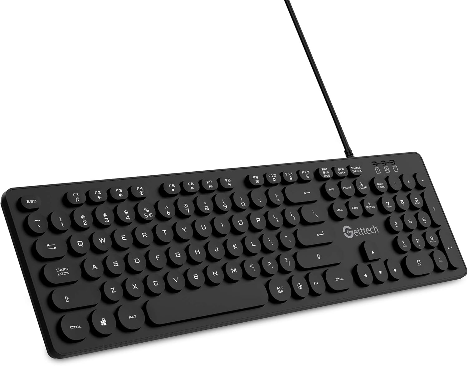 Sure, here is the corrected and grouped text from the image:

**Top Row:**
- ESC
- F1 F2 F3 F4 F5 F6 F7 F8 F9 F10 F11 F12

**Second Row:**
- 1 ! 2 @ 3 # 4 $ 5 % 6 ^ 7 & 8 * 9 ( 0 ) - _ + =

**Third Row:**
- Q W E R T Y U I O P [ ] \

**Fourth Row:**
- A S D F G H J K L ; ' Enter

**Fifth Row:**
- Caps Lock A S D F G H J K L ; '

**Sixth Row:**
- Shift Z X C V B N M , . / Shift

**Seventh Row:**
- Ctrl Alt Spacebar Alt Gr Ctrl

**Right Side:**
- Print Screen Scroll Lock Pause Break
- Insert Home Page Up Delete End Page Down
- Num Lock Num Lock Num Lock
- 7 8 9 - 4 5 6 + 1 2 3 0 . Enter

**Bottom Row:**
- Getttech

**Additional Keys:**
-