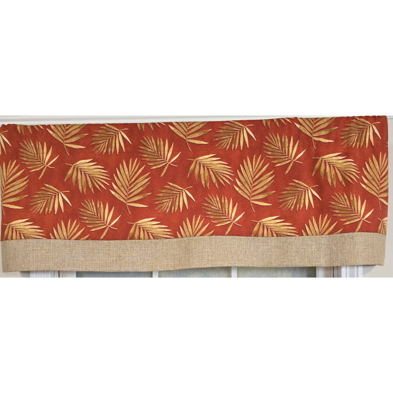 Left. RLF Home - RLF Home 100% Cotton Hawthorn Banded With Poly/Cotton Ivory lining Rod Pocket Valance 50" x 17" Red - Red.