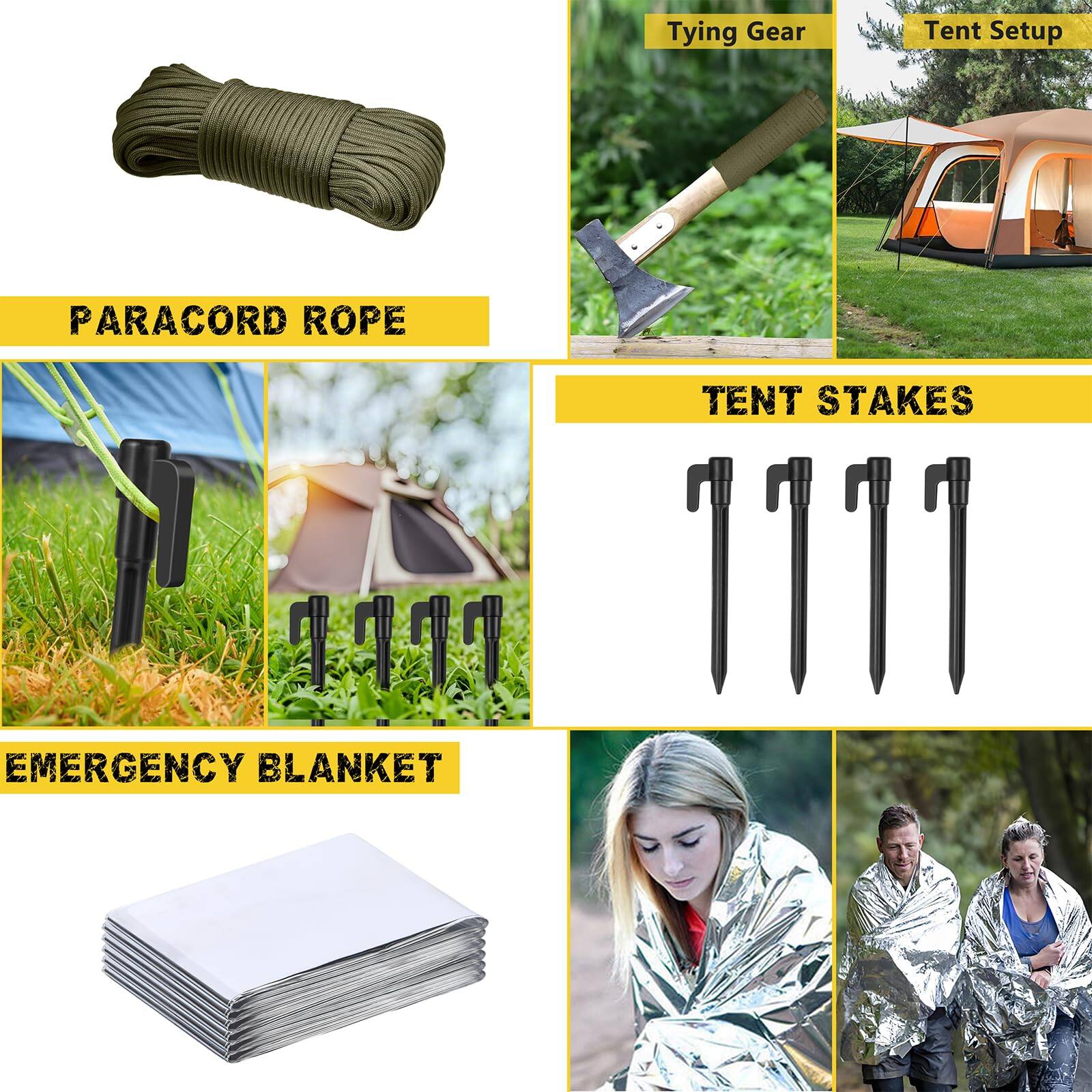 PARACORD ROPE  
Tying Gear  
Tent Setup  

TENT STAKES  

EMERGENCY BLANKET