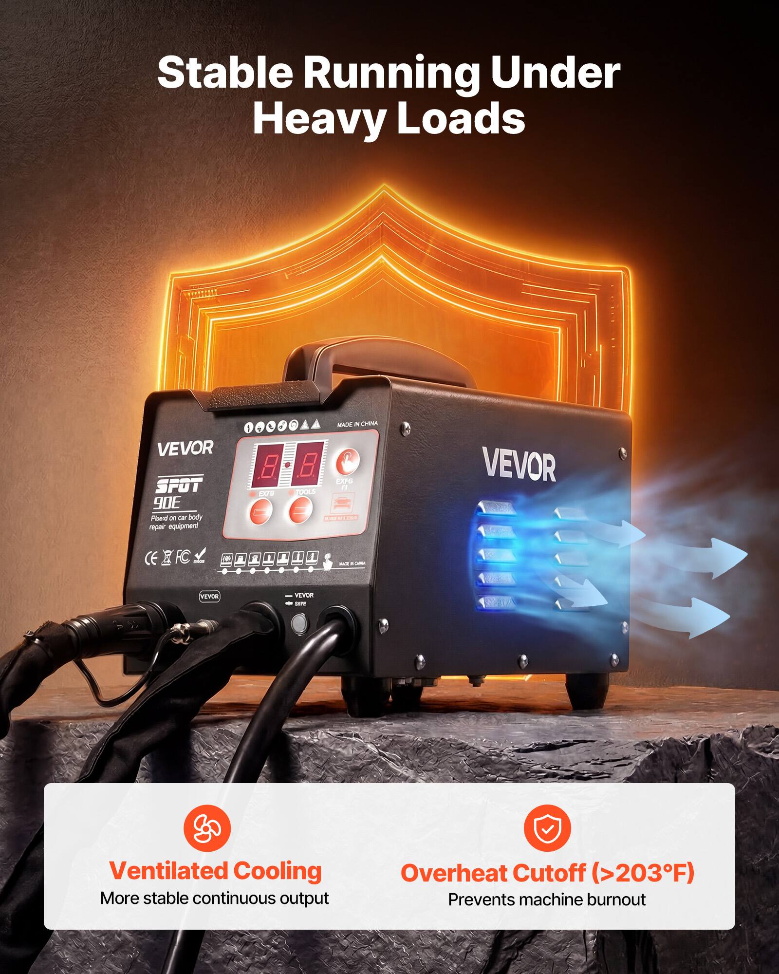 Stable Running Under Heavy Loads

VEVOR SPOT 90E Floed TO car body repair equipment

MADE IN CHINA EXPO TOOLS - VEVOR - FAIR - VEVOR SAFE

Ventilated Cooling More stable continuous output

Overheat Cutoff (>203°F) Prevents machine burnout