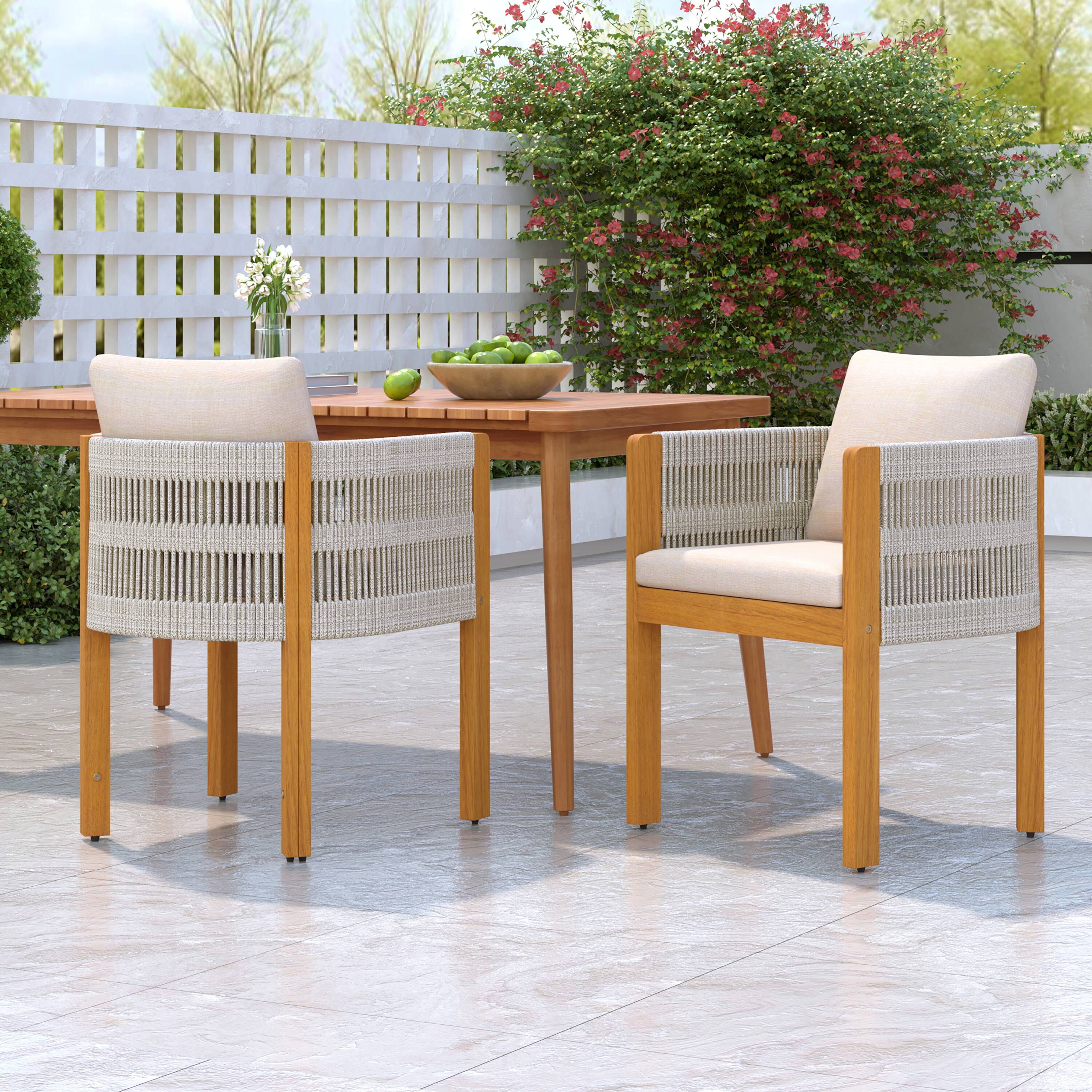 Left. Mondawe - Set of 2 Acacia Wood Outdoor Dining Chairs with Cushions - White.