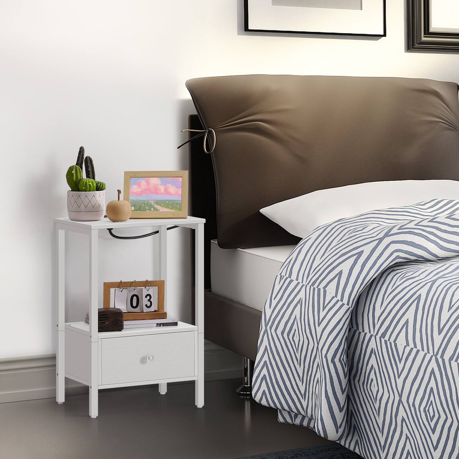 Alt View 1. Oumilen - Set of 2 Nightstand with Built-in Charging Station & Wood Drawer, White - White.