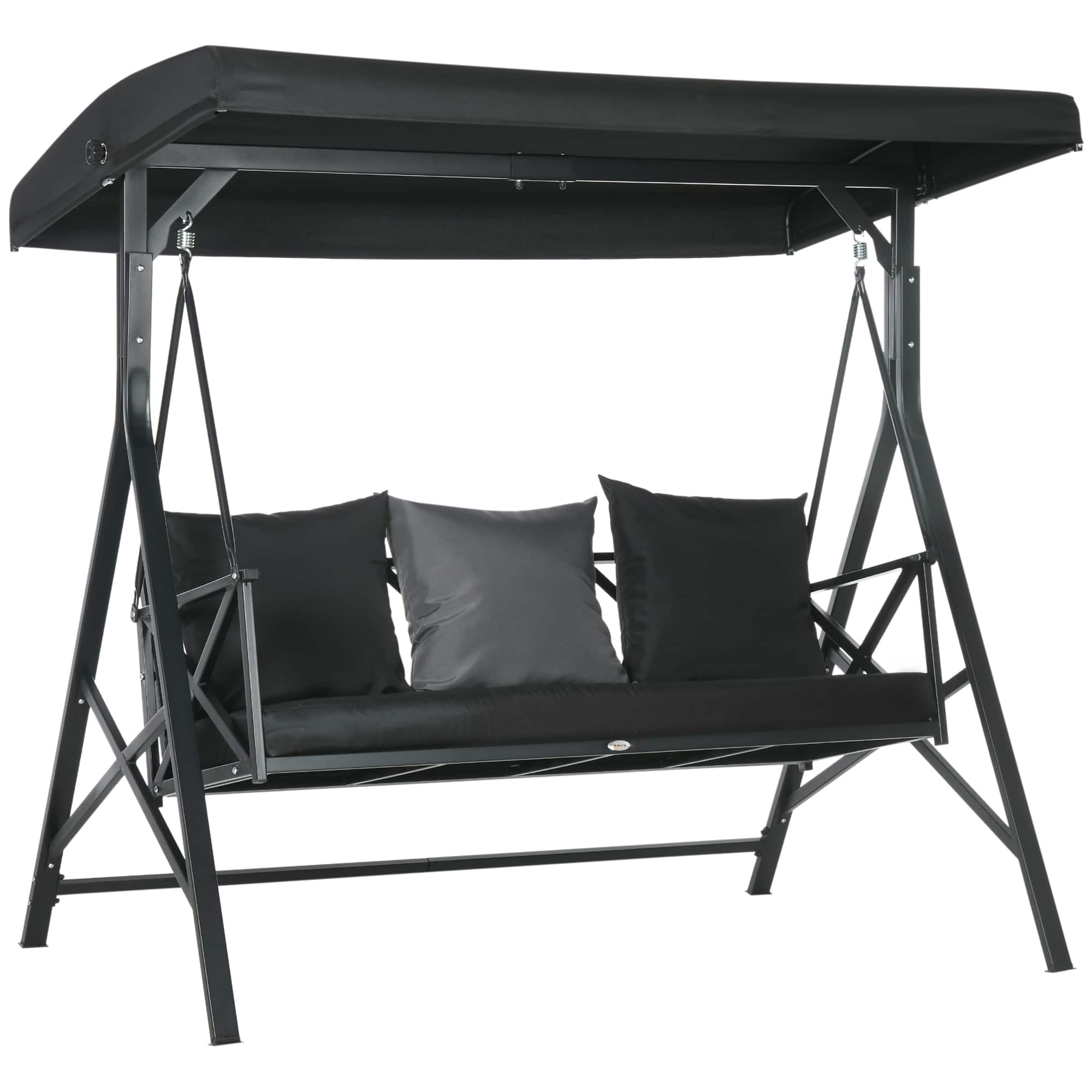 Outsunny - 3-Seat Patio Swing Chair, Porch Swing Glider with Cushion, 3 Throw Pillows & Adjustable Canopy