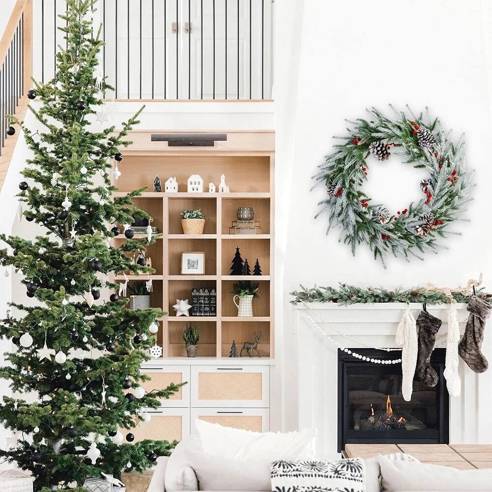 Angle. MOVSSOU - 28" Artificial Christmas Wreath - Frosted Spruce with Pine Cones & Berries, Holiday Decor for Door & Wall - Green.