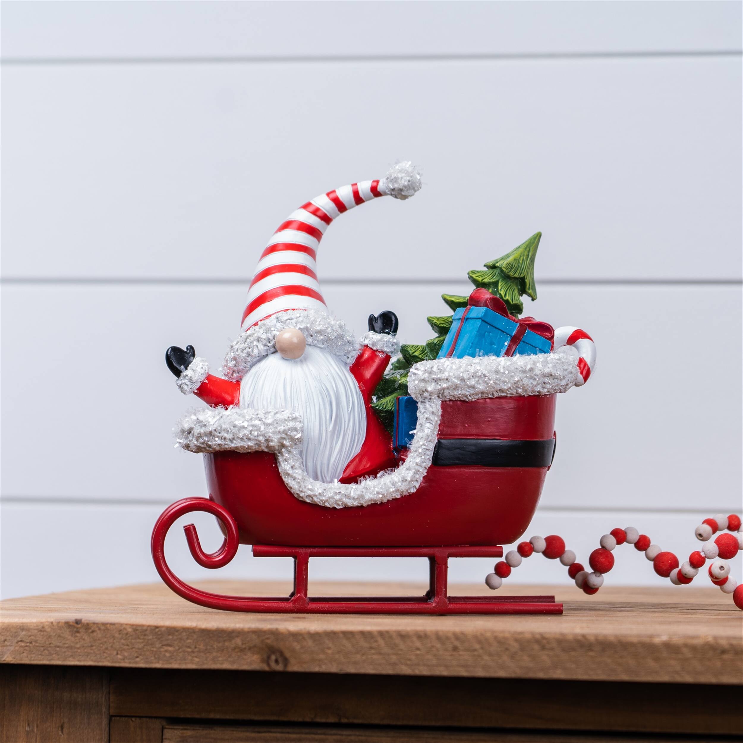 Angle. BreeBe - Santa Gnome in Sleigh Figurine (Set of 2) - Red.