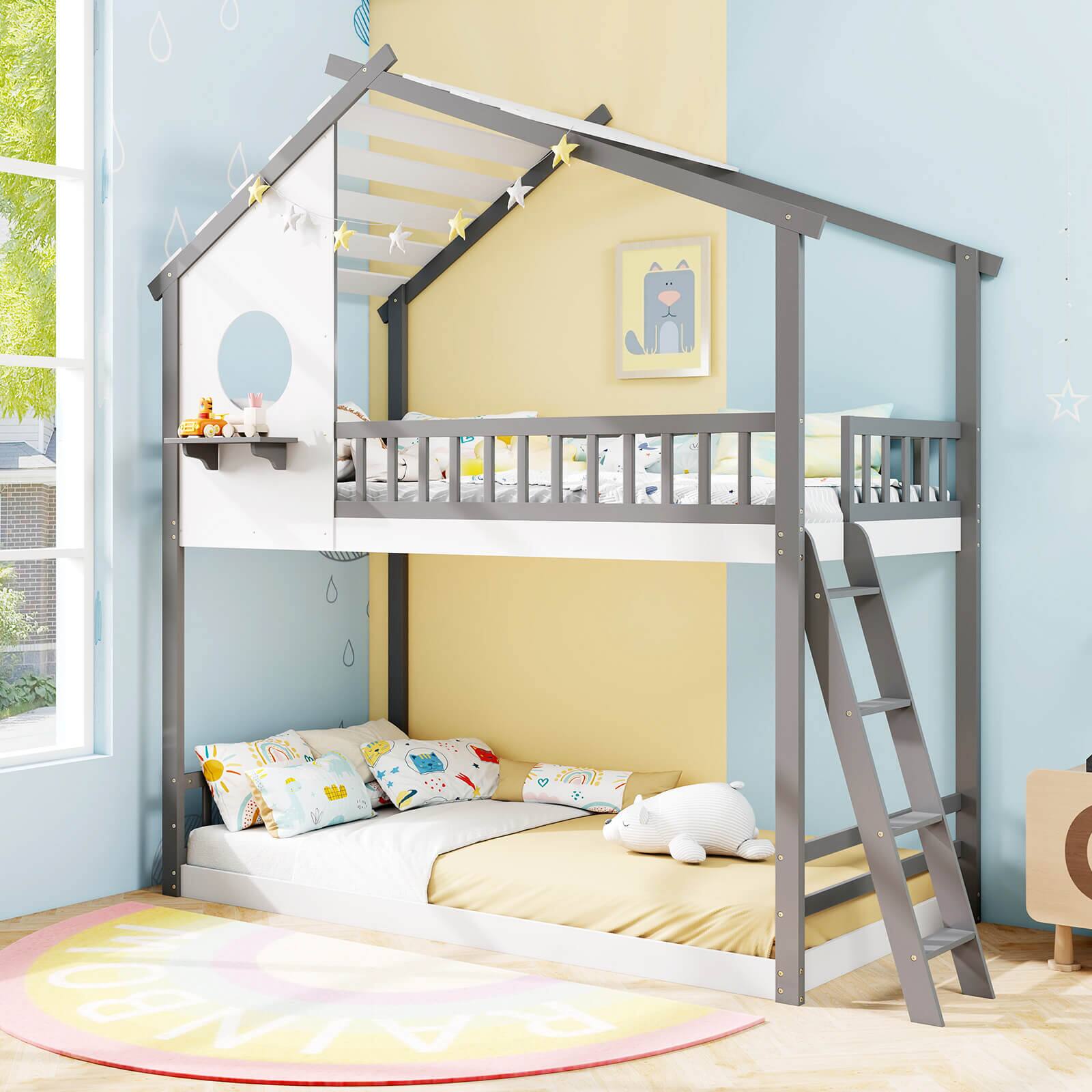 Alt View 4. Costway - Costway Twin over Twin House Bunk Bed with Roof Ladder & Full-length Guardrails for Kids - White & Gray.