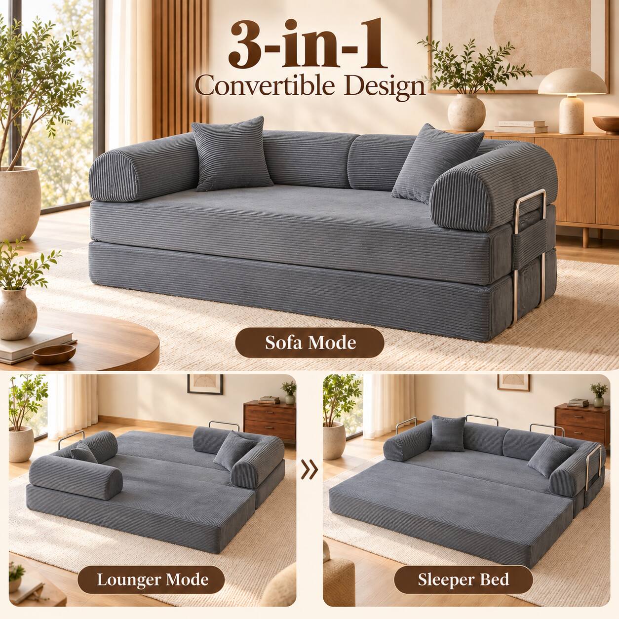 3-in-1 Convertible Design

Sofa Mode

Lounger Mode

Sleeper Bed