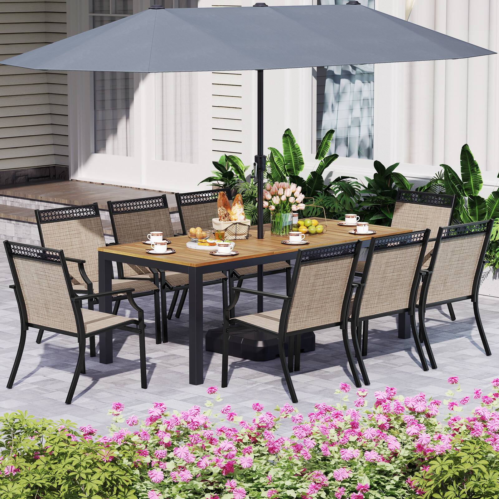 Alt View 3. Gymax - Gymax 9-Piece Outdoor Patio Furniture w/ Large Wooden Tabletop & Umbrella Hole - Natural, Black.
