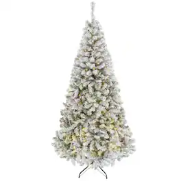 PULUZ - 6ft Flocked Prelit Christmas Tree, Fraser Fir, Hinged Xmas Tree - White and Green