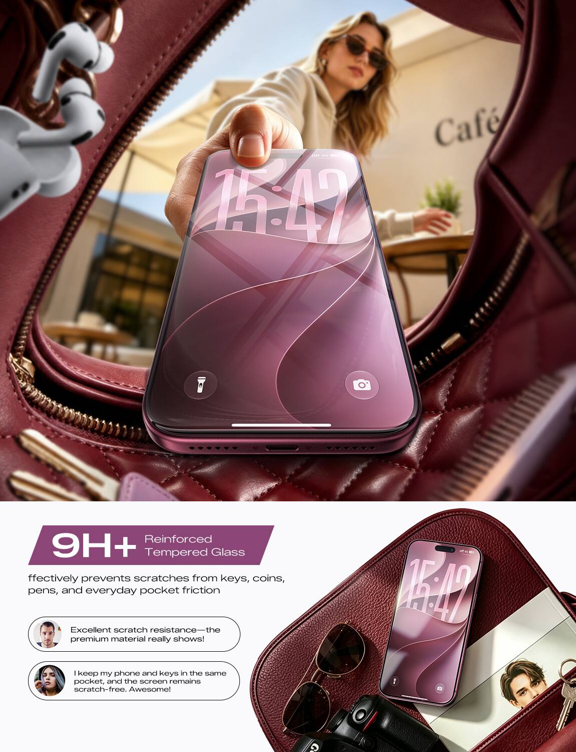 m - 1641

Caf

Reinforced 9H+ Tempered Glass effectively prevents scratches from keys, coins, pens, and everyday pocket friction. Excellent scratch resistance—the premium material really shows!

1500

I keep my phone and keys in the same pocket, and the screen remains scratch-free. Awesome!
