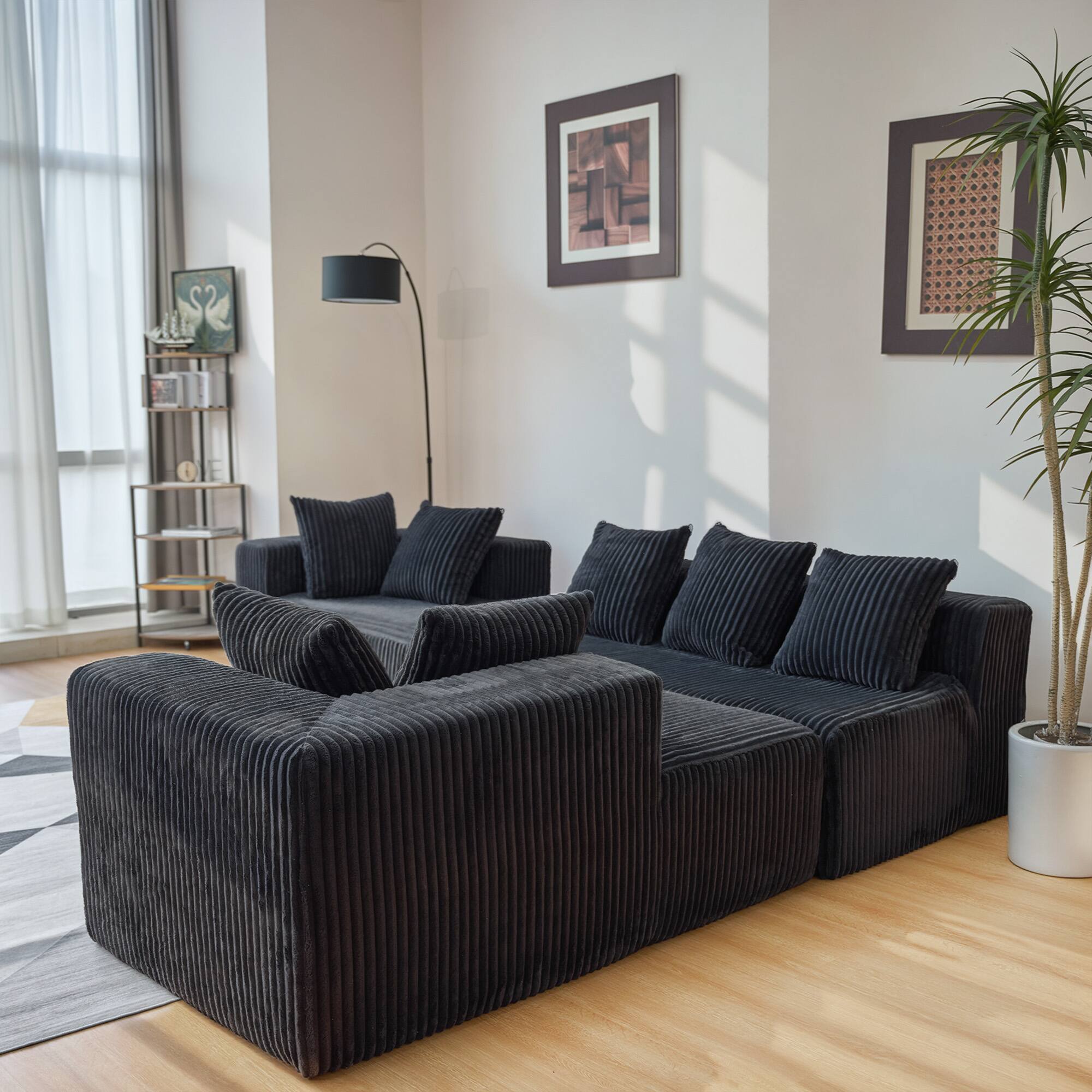 Alt View 6. Meqiodas - 130" Boneless Couch, Cloud Couch Sectional, Corduroy Sofa for Living Room, U Shaped Modular Sofa, No Assembly - Black.