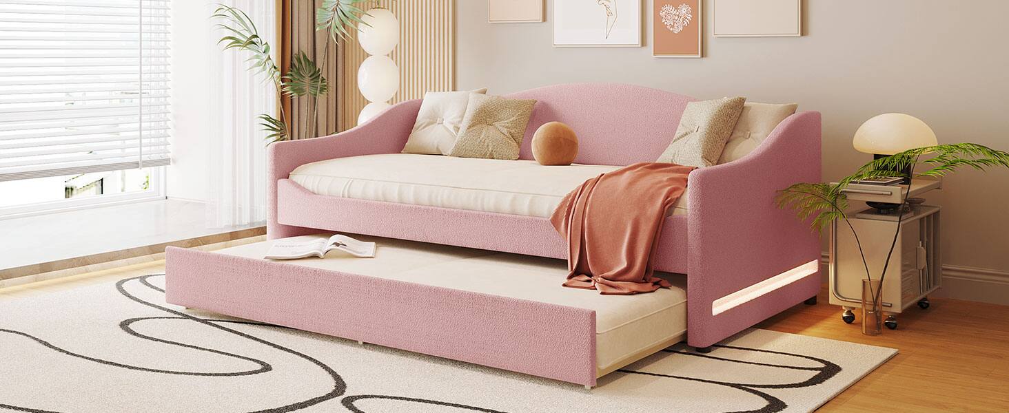 Alt View 10. Tiramisubest - Teddy Fleece Twin Size Upholstered Daybed with Light and Trundle, Pink - Pink.