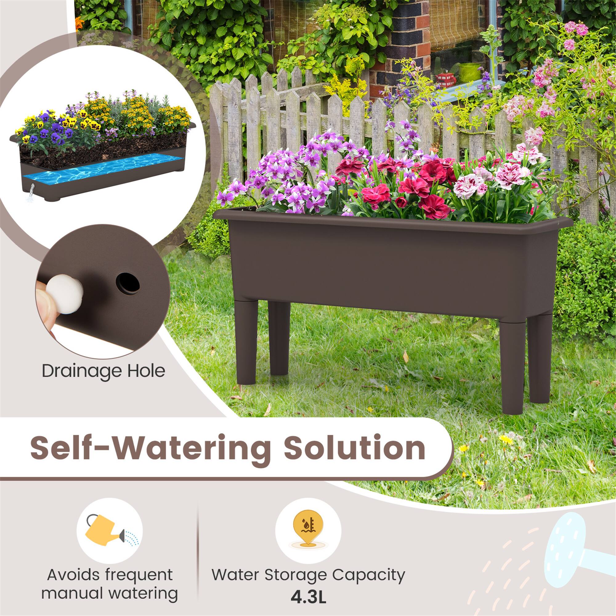 Drainage Hole  
Self-Watering Solution  
Avoids frequent manual watering  
Water Storage Capacity: 4.3L