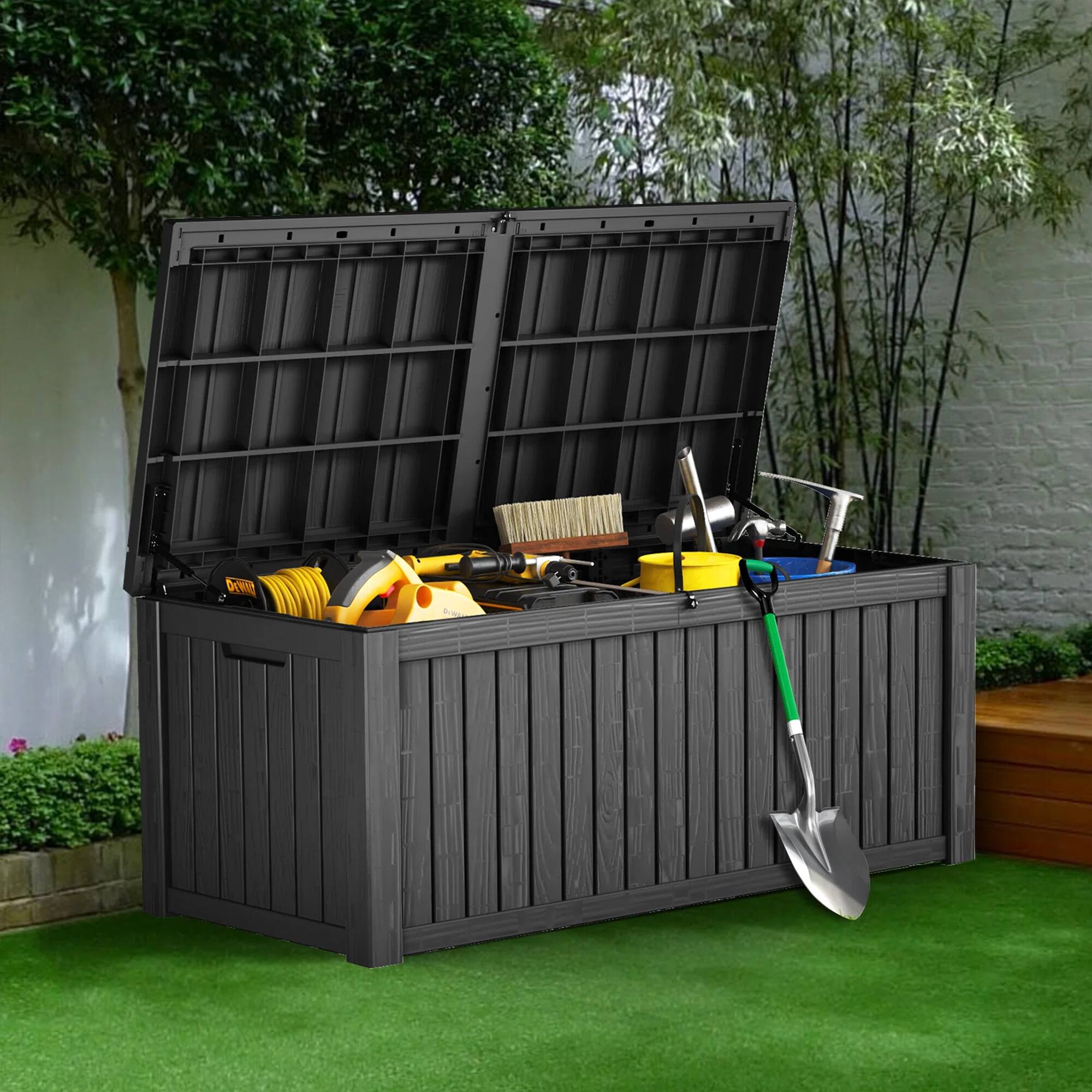 Angle. Chic Crate - 150-Gal Water-Resistant Resin Deck Box - Lockable - Black.