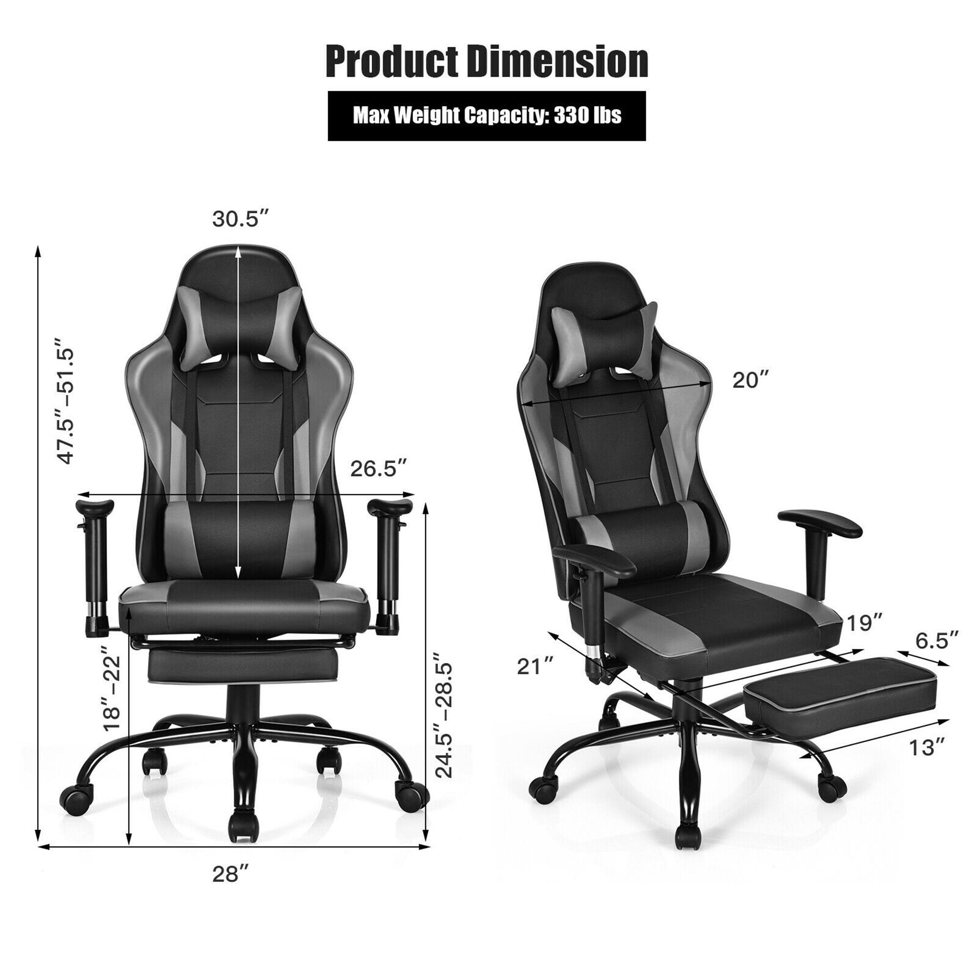 Product Dimension  
Max Weight Capacity: 330 lbs  

- Height: 30.5"  
- Back Height: 47.5" - 51.5"  
- Seat Width: 20"  
- Seat Depth: 18" - 22"  
- Armrest Height: 26.5"  
- Armrest Width: 21"  
- Base Width: 24.5" - 28.5"  
- Base Diameter: 28"  
- Seat Height: 19"  
- Footrest Height: 6.5"  
- Footrest Width: 13"