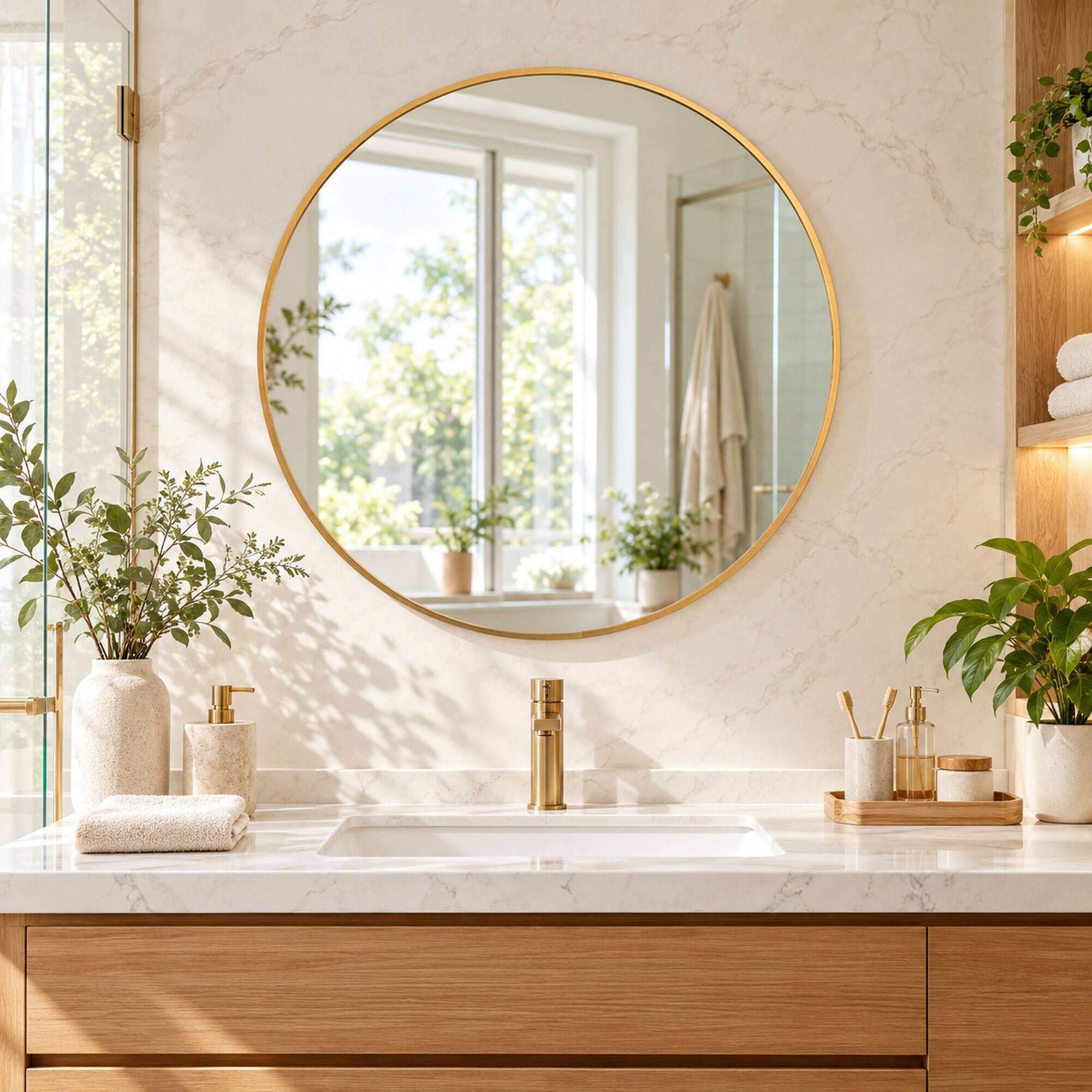 Angle. RYHNUYNE - 36 Inch Round Wall Mirror, Gold Aluminum Frame, HD Glass, Shatterproof, Bathroom and Living Room Decor.