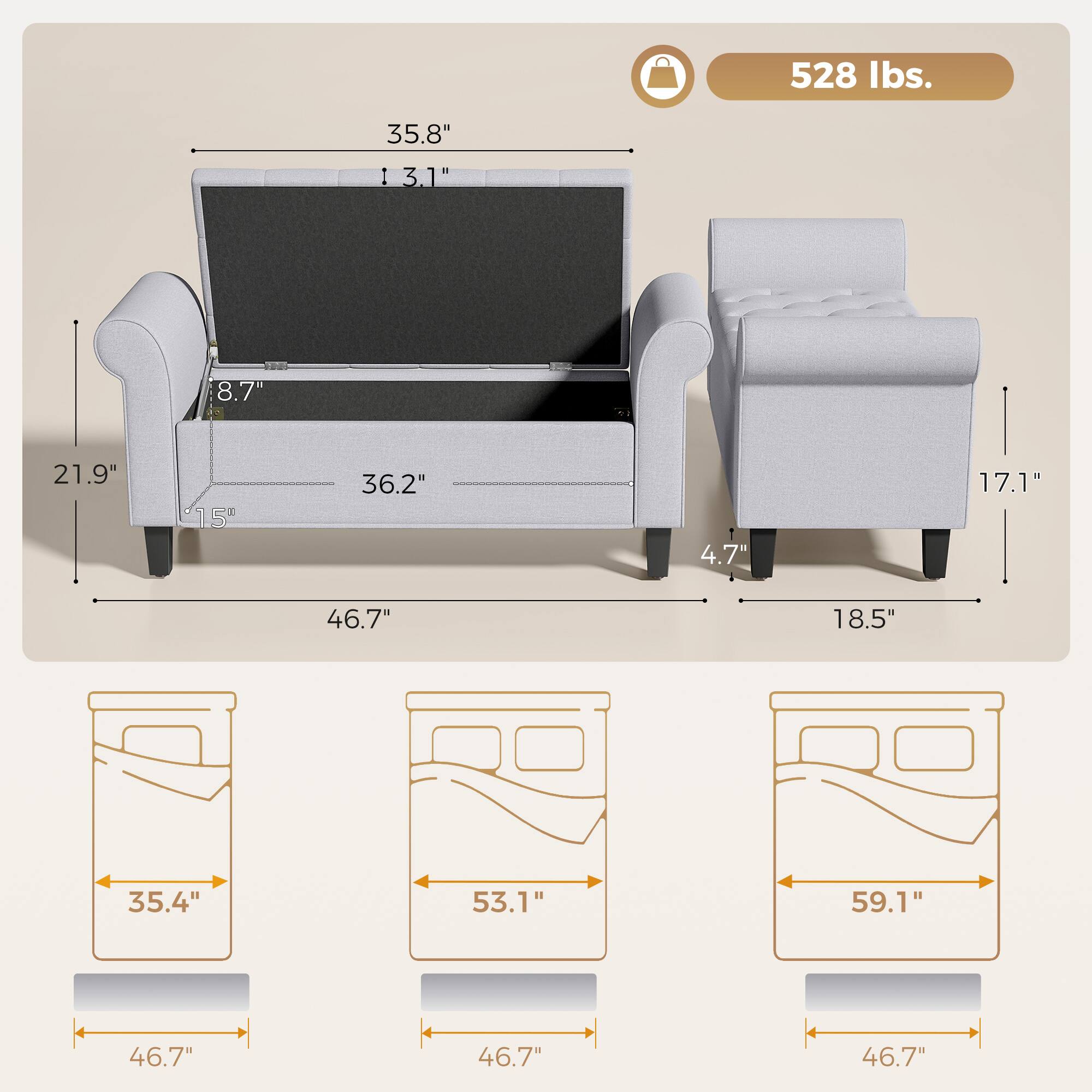 528 lbs.  
35.8" x 3.1" x 8.7" x 21.9" x 1.5" x 36.2" x 4.7" x 17.1" x 46.7" x 18.5" x 35.4" x 53.1" x 59.1" x 46.7" x 46.7" x 46.7"