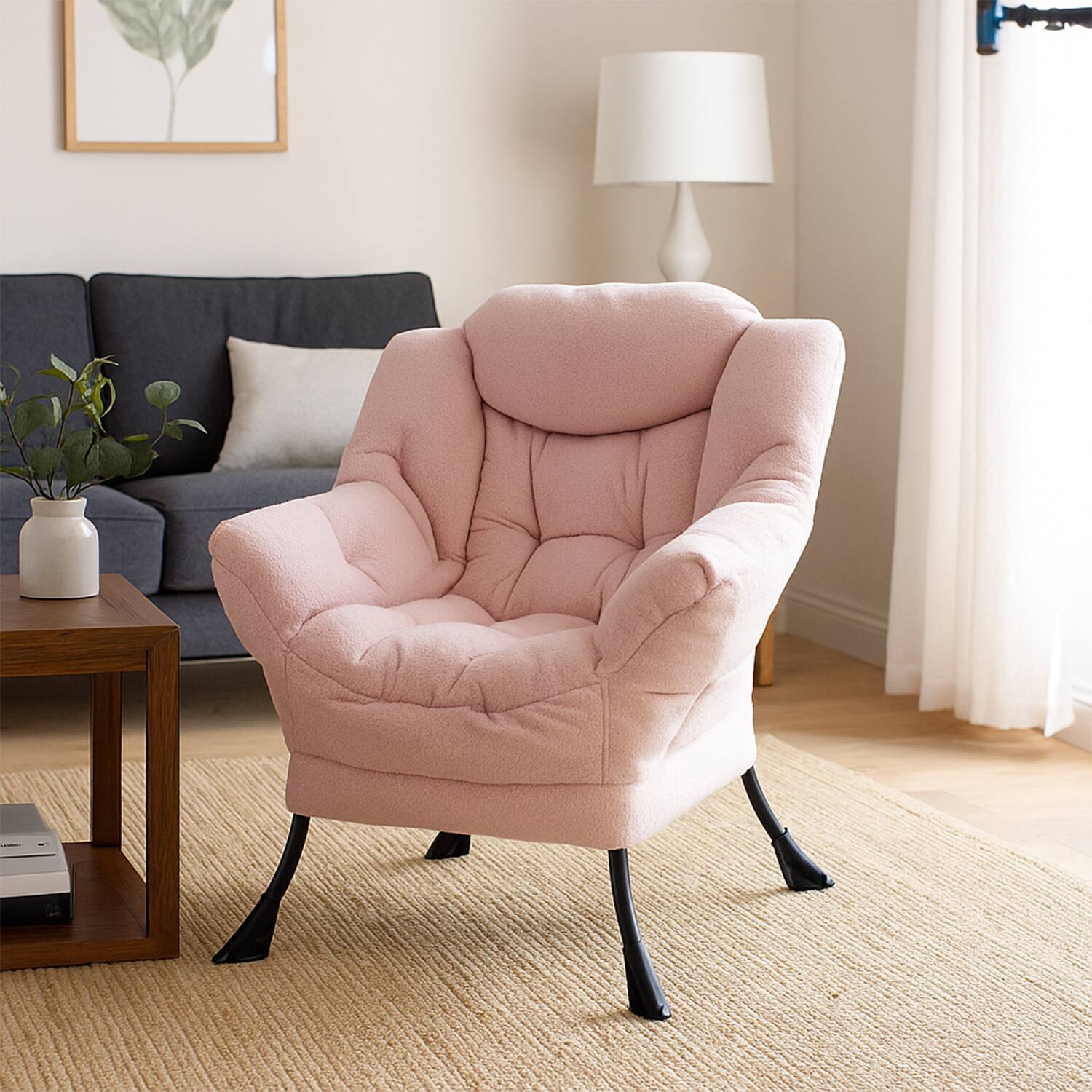 Front. Hivvago - Upholstered Lounge Chair in Sherpa Fabric with Headrest - Pink.