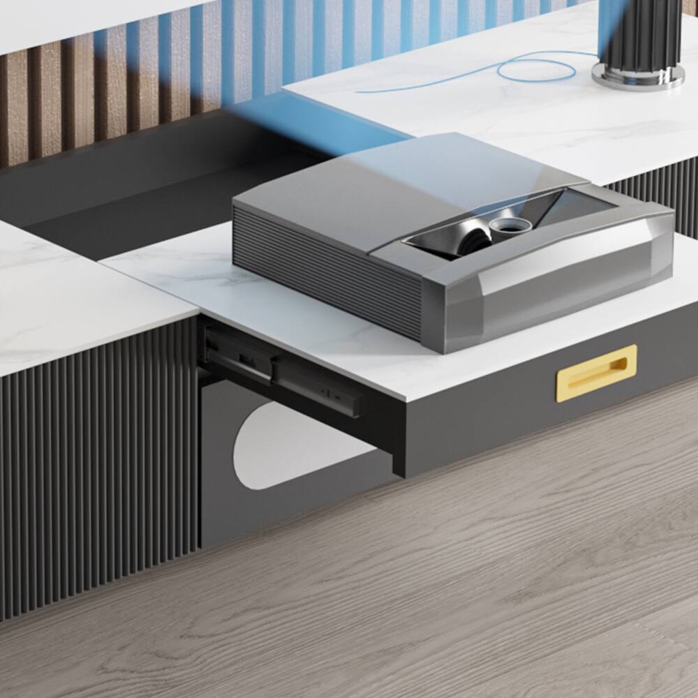 Back. POVISON - 63" Modern TV Stand for Projector Sintered Stone TV Cabinet with Drawers for Home Theater, Black & White - White & Black.