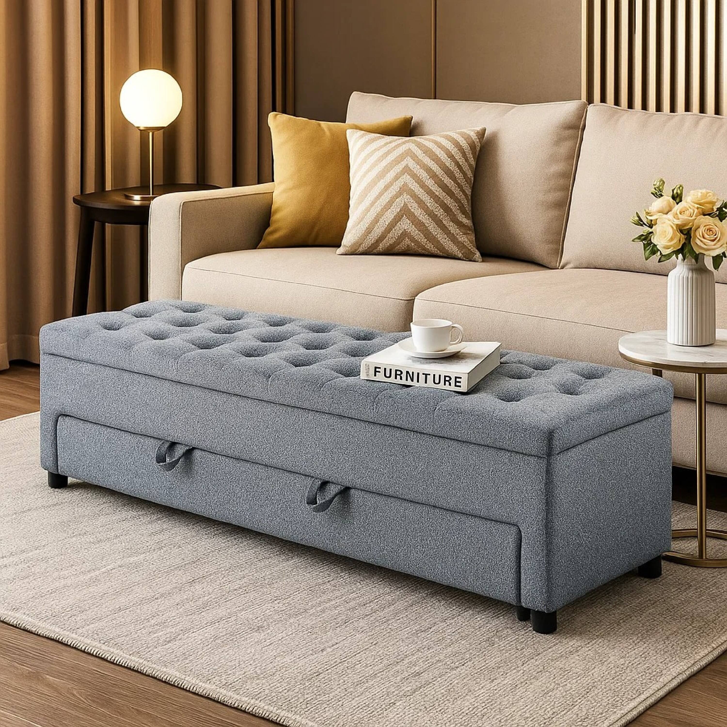 Alt View 6. Manhattan Lane - Kenny Ottoman, Underseat Drawer, Gray Button Tufted Boucle 60 Inch - Gray, Black.