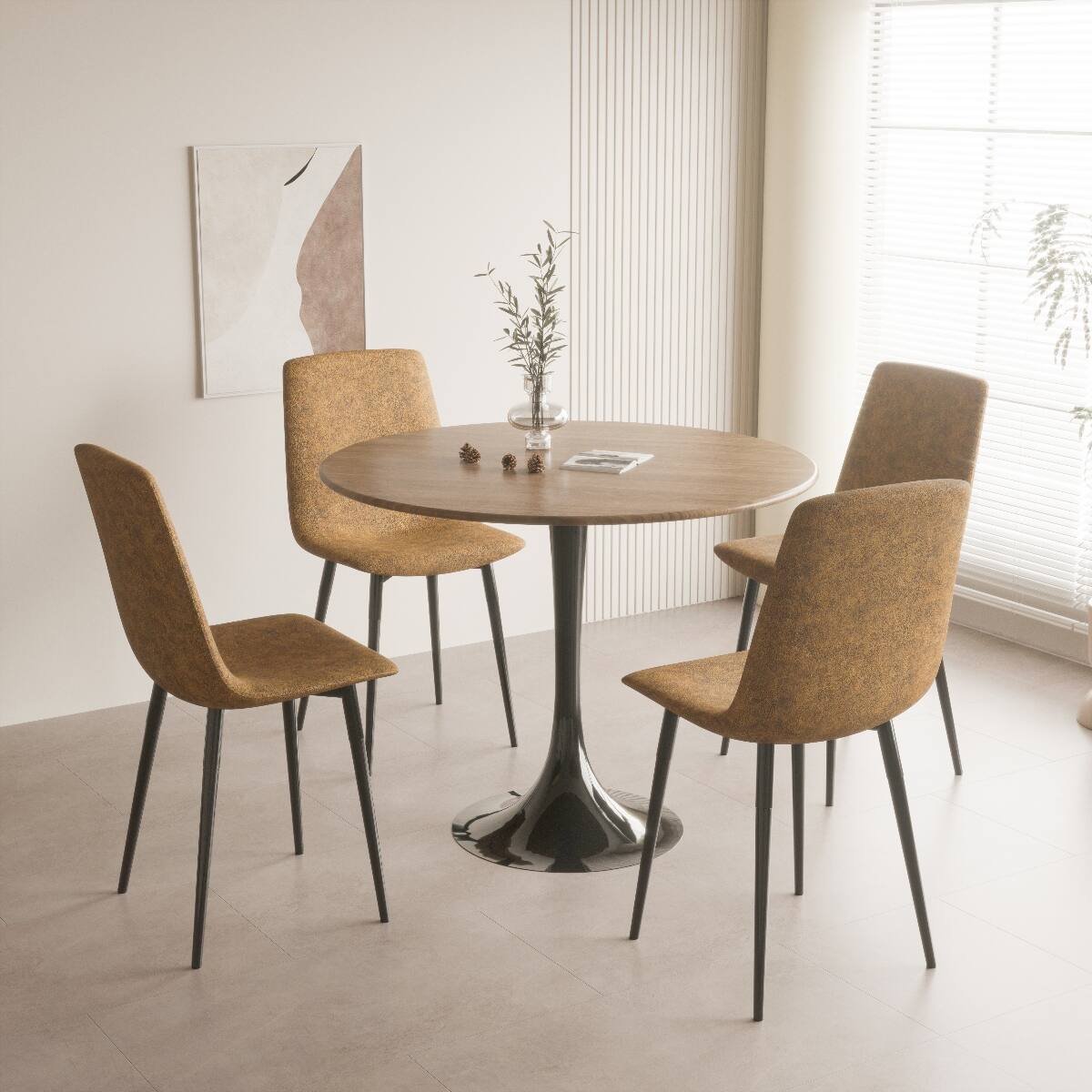 Alt View 1. Loheer - Loheer Walnut Round Dining Table, Tulip Pedestal Base, 31.5 Inch Mid-Century Kitchen Table - Walnut and black.