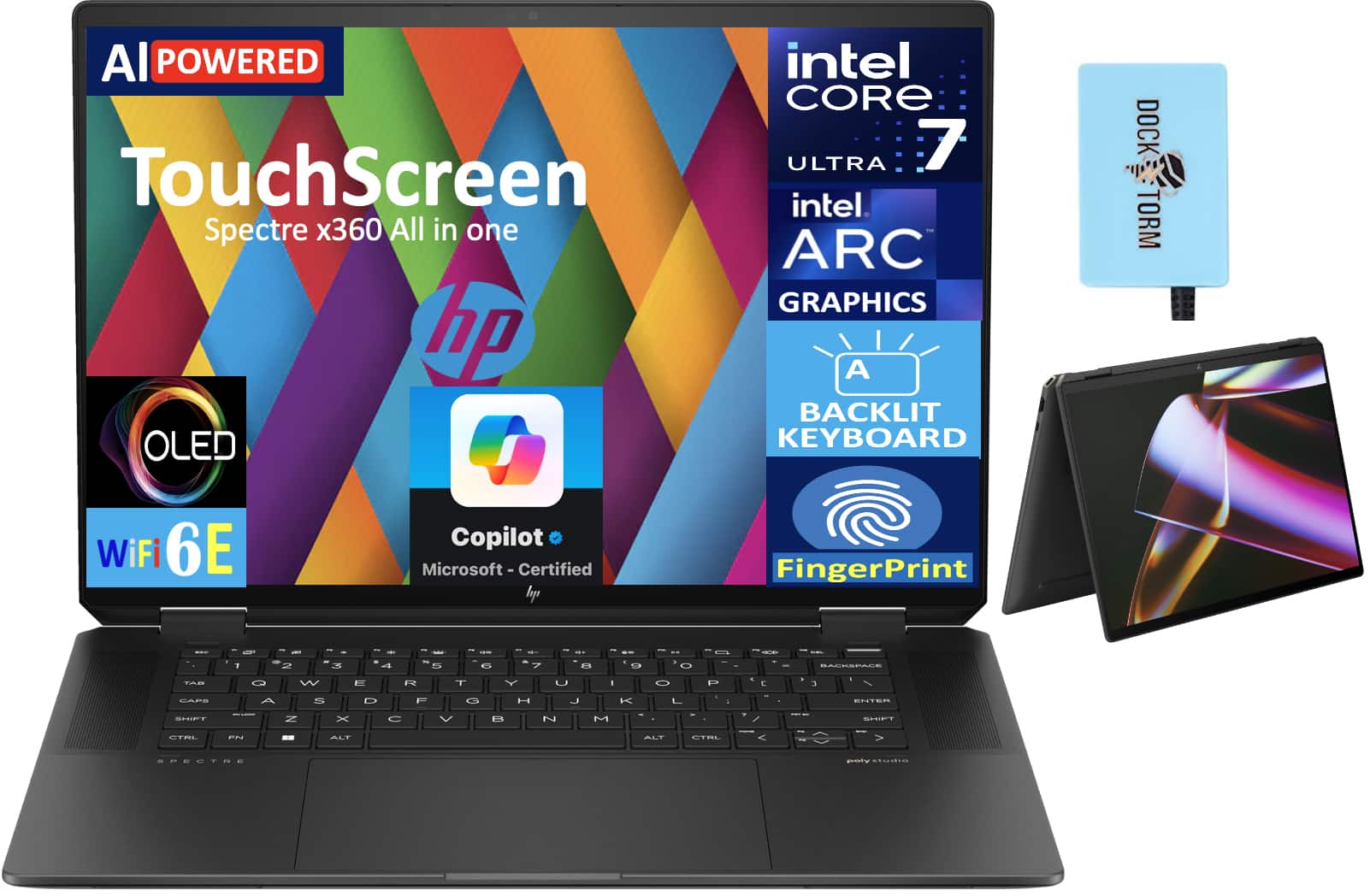 HP - Spectre x360 2-in-1 Laptop 16.0 2.8K (Intel Ultra 7-155H, 32GB LPDDR5X, 1TB PCIe SSD, Win 11 Pro) w/USB Hub - Nightfall Black