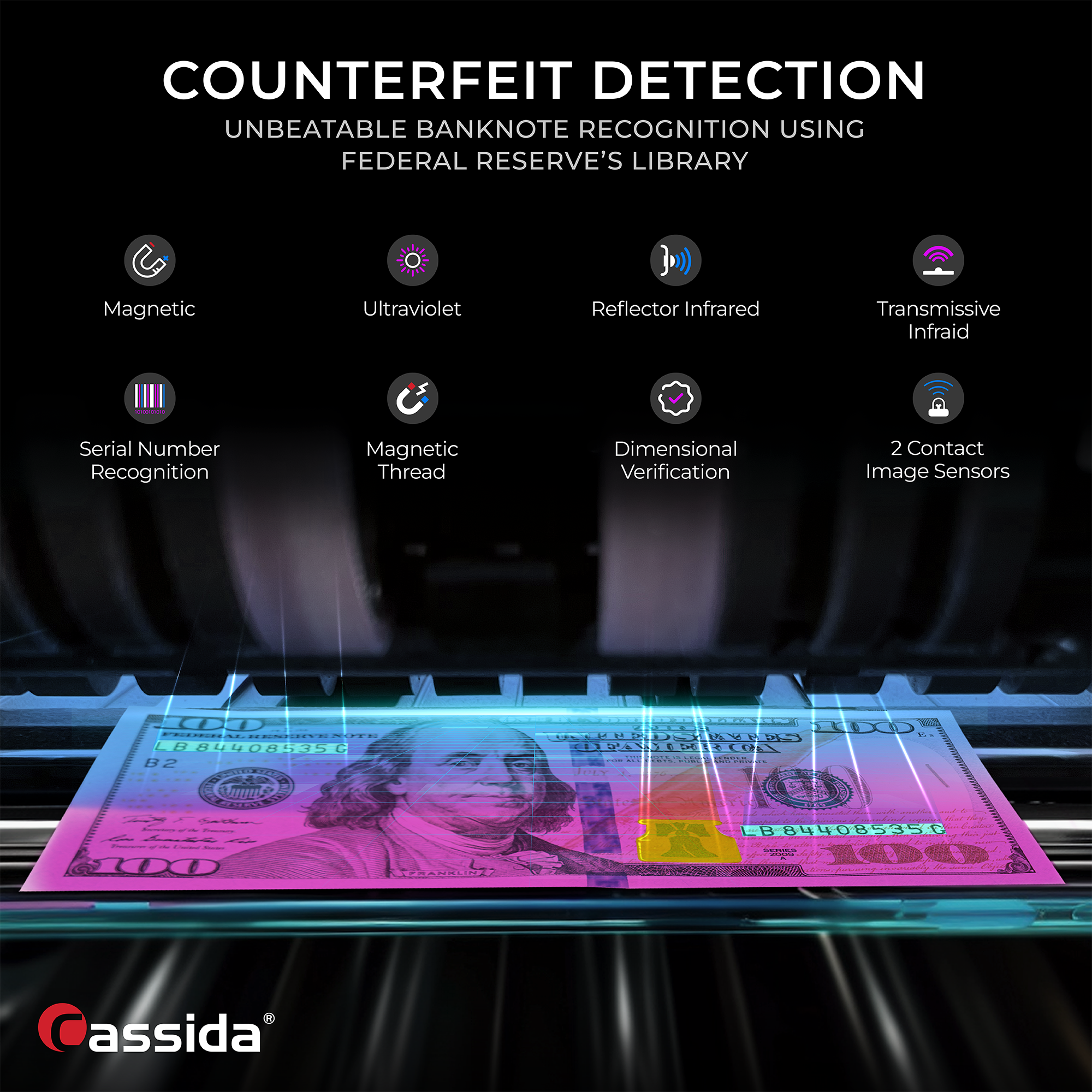 COUNTERFEIT DETECTION  
UNBEATABLE BANKNOTE RECOGNITION USING FEDERAL RESERVE'S LIBRARY  

- Magnetic  
- Ultraviolet  
- Reflector Infrared  
- Transmissive Infrared  
- Serial Number Recognition  
- Magnetic Thread  
- Dimensional Verification  
- 2 Contact Image Sensors  

Cassida