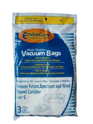 A MUST FOR ALLERGY SUFFERERS!!
109 EnviroCare TECHNOLOGIES Micro Filtration Vacuum Bags
99.7% Filtration Traps Microscopic Particles and Allergens
Filtracion 99.1% Particulas et Allergenes Microscopiques de Pieges
99.7% Filtracion Particulas Alergenicos Microscopicos de los Desvios
Designed to Fit: Hoover Futura, Spectrum and Wind Tunnel Canister Type S
Concus Pour: Diseñado a Medida: Hoover Futura, Spectrum and Wind Tunnel Canister Type S
3 BAGS SACS BOLSAS