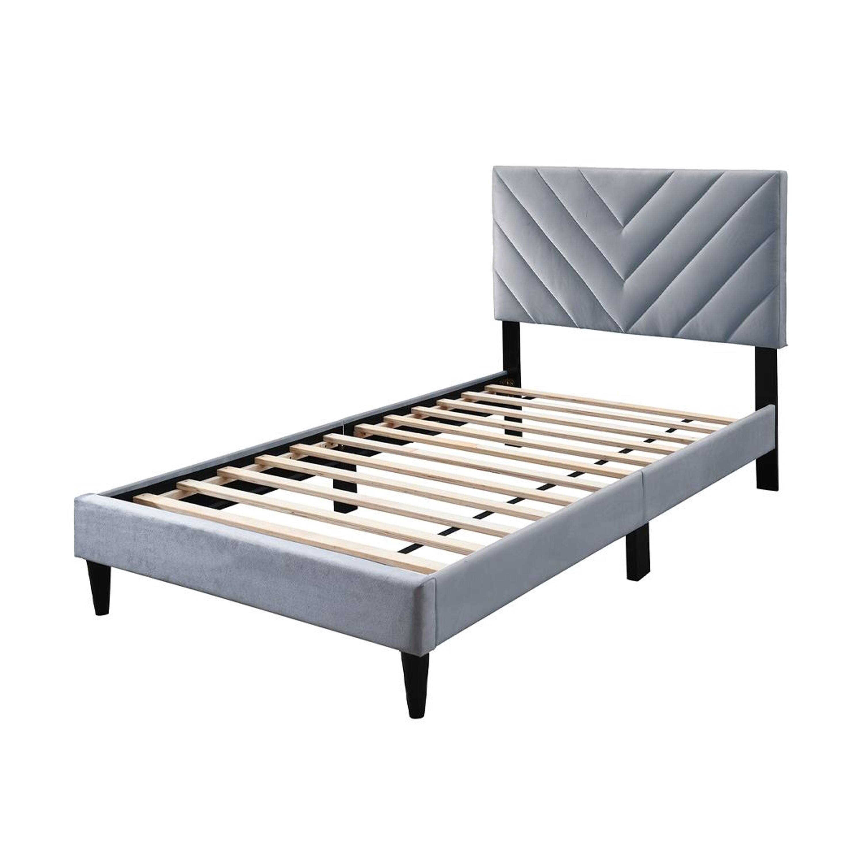 Alt View 1. Manhattan Lane - Lilian Full Size Bed, Tufted Gray Velvet Upholstery, Chevron Stitch - Gray, Black.
