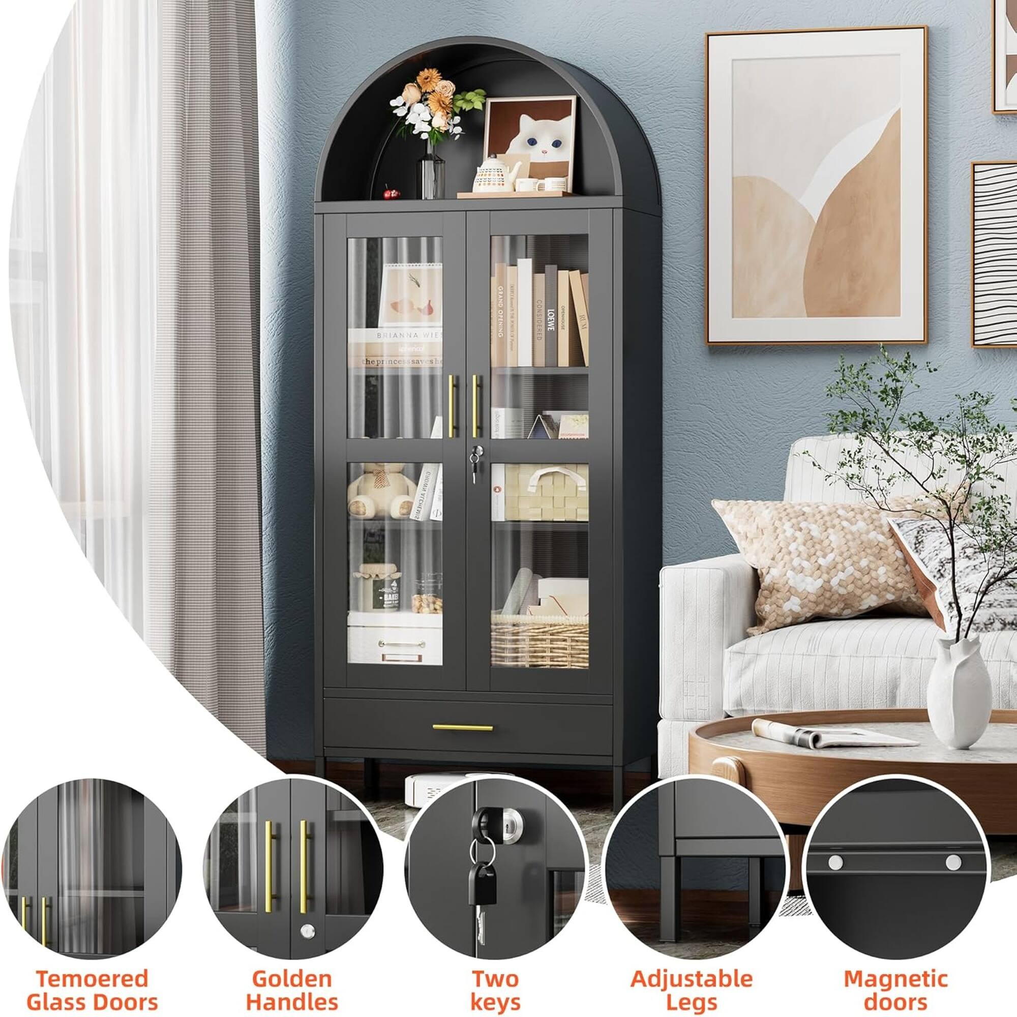 Sorm SIIANN E a A I COMSIDERIS AMKTI Temoered Glass Doors Golden Handles Two keys Adjustable Legs Magnetic doors