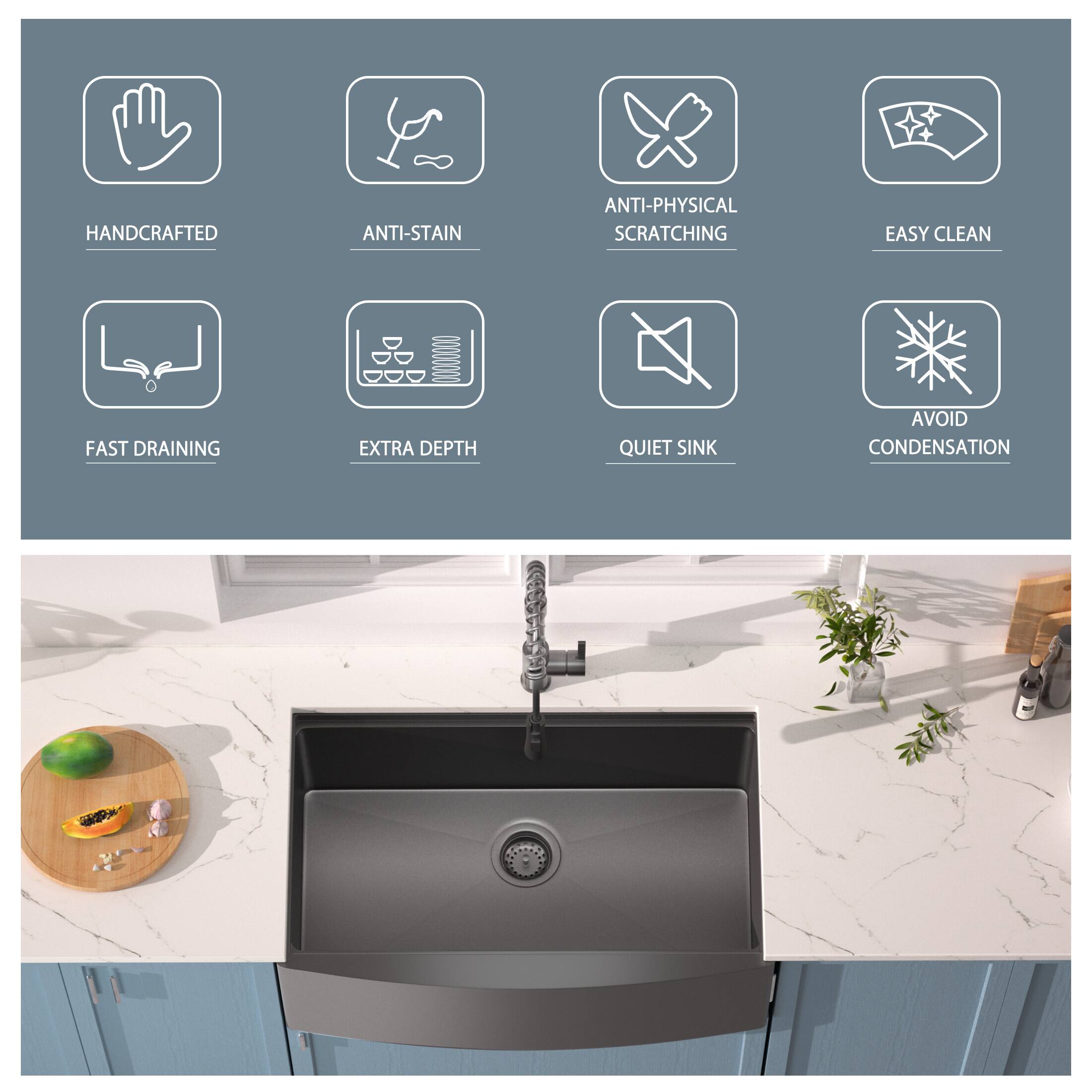 HANDCRAFTED  
ANTI-STAIN  
ANTI-PHYSICAL SCRATCHING  
EASY CLEAN  
FAST DRAINING  
EXTRA DEPTH  
QUIET SINK  
AVOID CONDENSATION