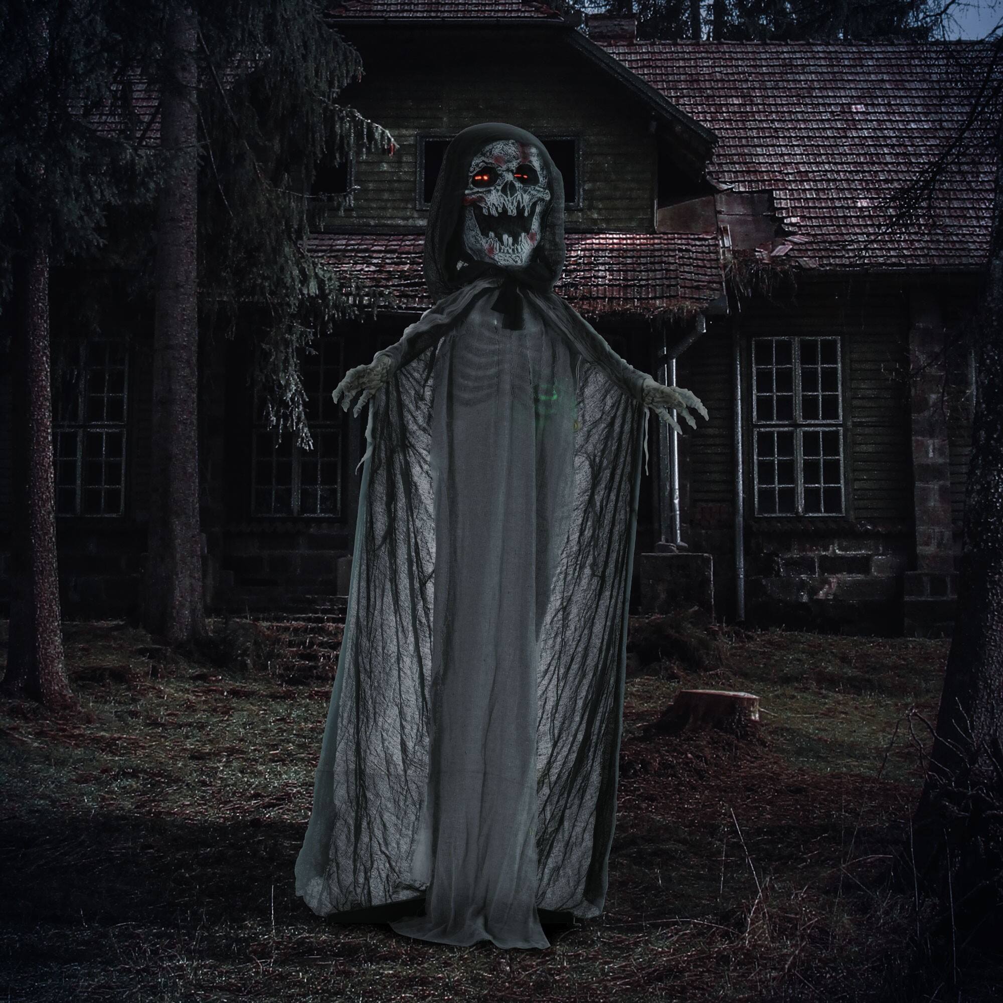 Alt View 7. Ecooso - Sound-Activated Animated Skeleton Witch with Red and Green LED Lights for Indoor or Covered Outdoor Halloween Décor - Grey.