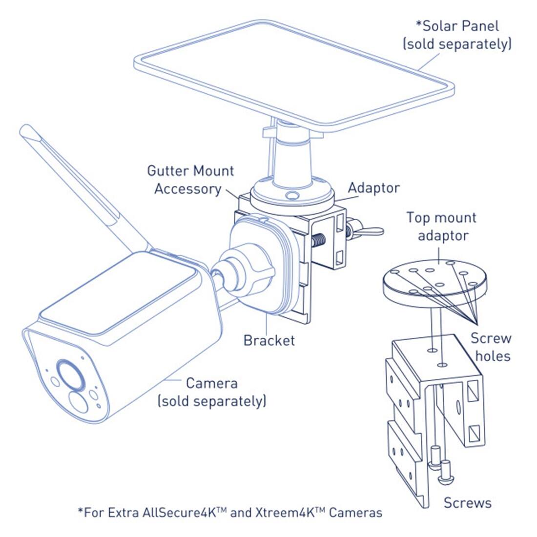 Solar Panel (sold separately) Gutter Mount Accessory Adaptor Top mount adaptor Bracket Screw holes Camera (sold separately) For Extra AllSecure4KM and Xtreem4KTM Cameras Screws