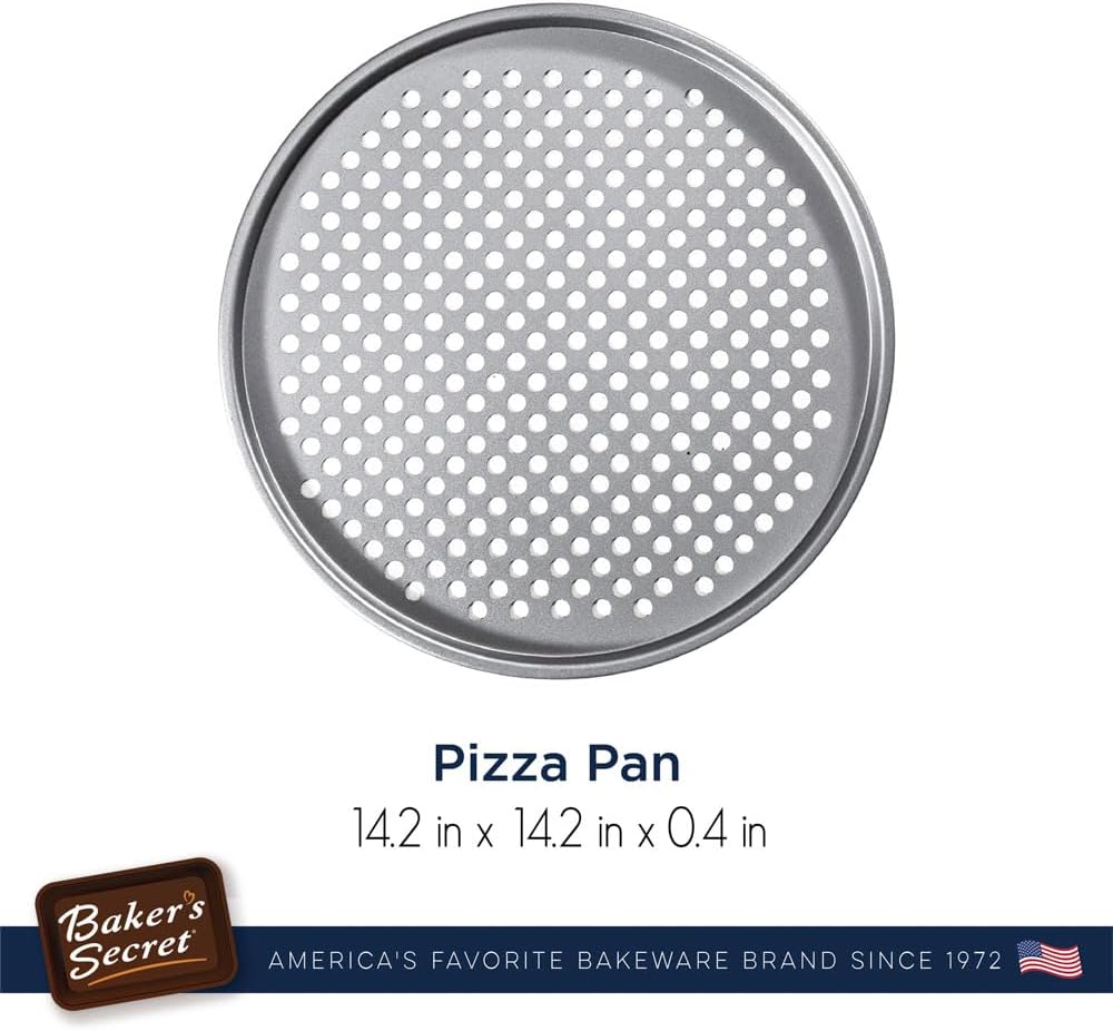 Pizza Pan  
14.2 in x 14.2 in x 0.4 in  

Baker's Secret  
AMERICA'S FAVORITE BAKEWARE BRAND SINCE 1972