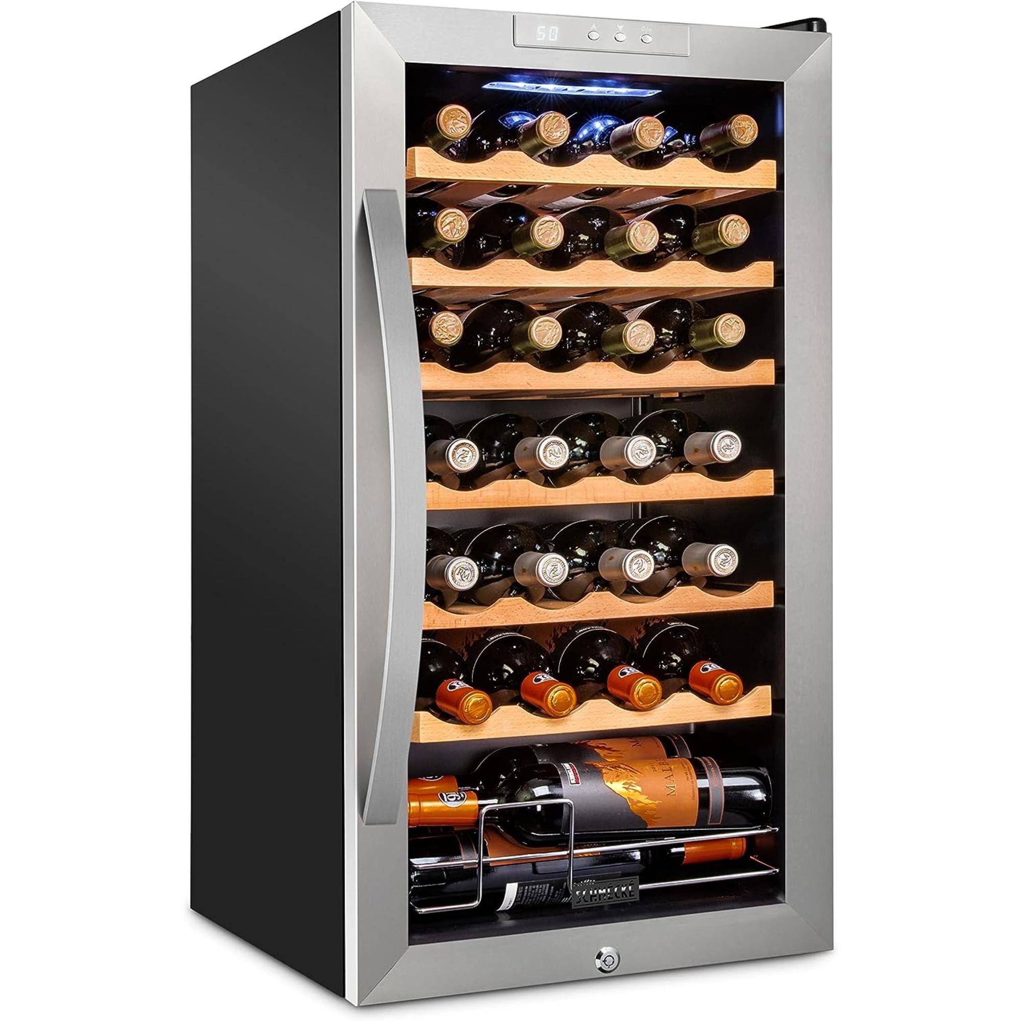 Schmecke - 28 Bottle Compressor Wine Refrigerator, Freestanding Wine Cooler with Lock - Stainless Steel