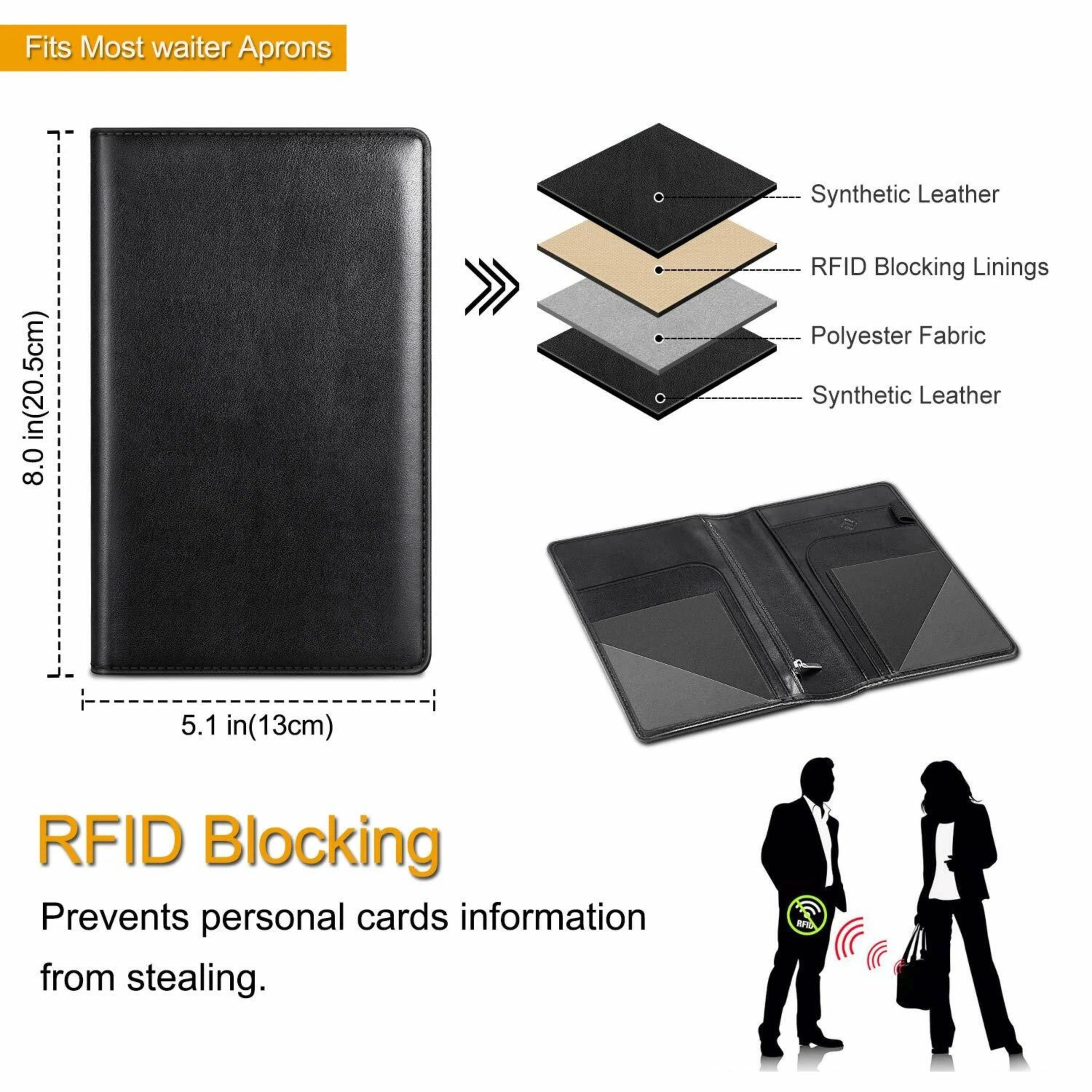 Fits Most waiter Aprons

8.0 in(20.5cm) x 5.1 in(13cm)

RFID Blocking Linings
Polyester Fabric
Synthetic Leather

RFID Blocking
Prevents personal cards information from stealing.