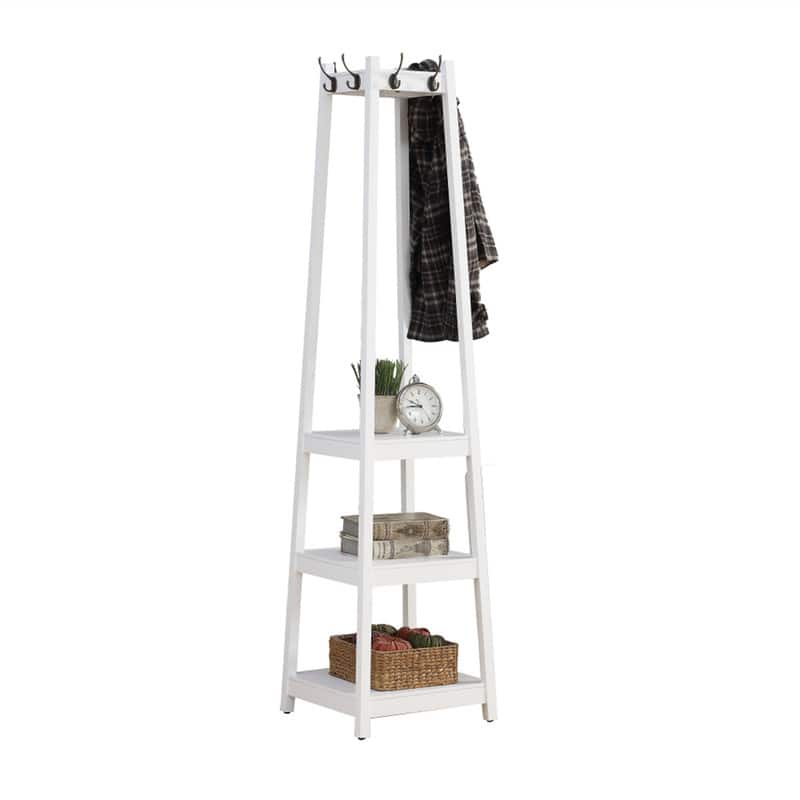ALEXOUN - Coat Rack with 3-Tier Storage Shelves - Wood, Big Hooks for Coats, Scarves, Jackets, Extra Storage for Home - White