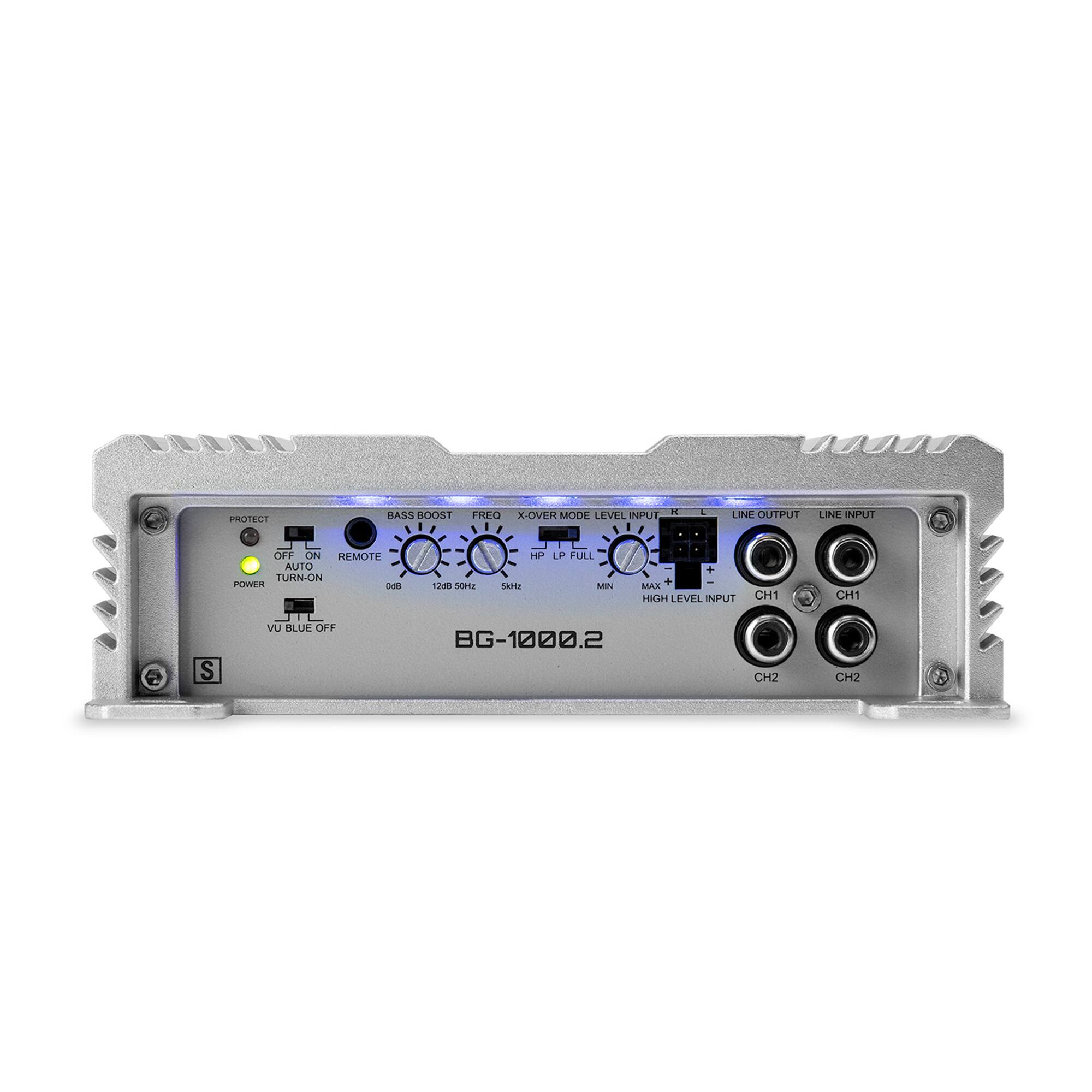 PROTECT  
BASS BOOST  
FREQ  
X-OVER MODE  
LEVEL INPUT  
LINE OUTPUT  
LINE INPUT  
OFF ON  
REMOTE  
AUTO TURN-ON  
POWER  
0dB  
12dB 50Hz  
5kHz  
LP FULL  
MIN  
MAX  
HIGH LEVEL INPUT  
CH1  
CH1  
CH2  
CH2  
VU BLUE OFF  
BG-1000.2