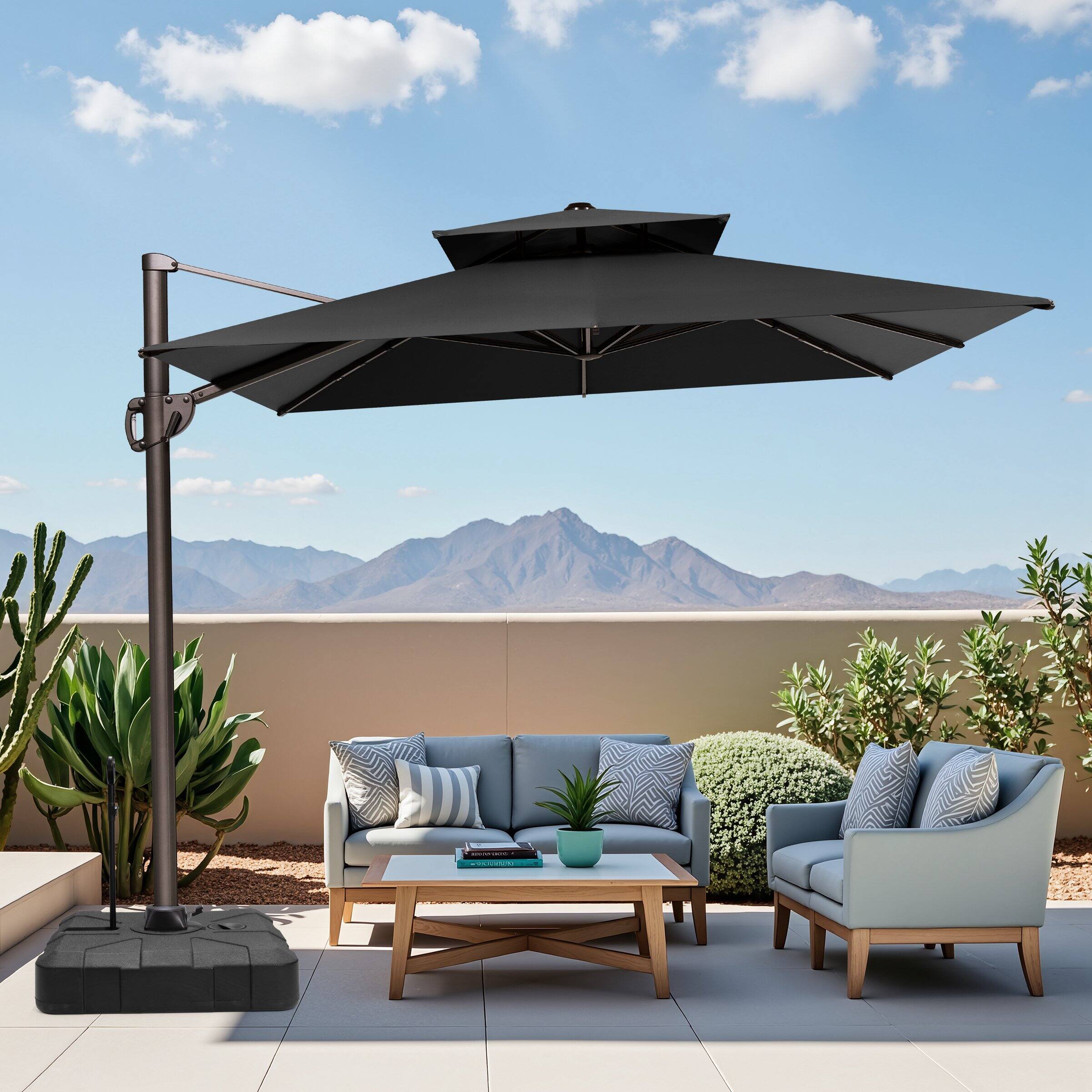 Back. Crestlive Products - Crestlive Products 11-ft Aluminum Black Slide-tilt Cantilever Patio Umbrella with Base - Black.