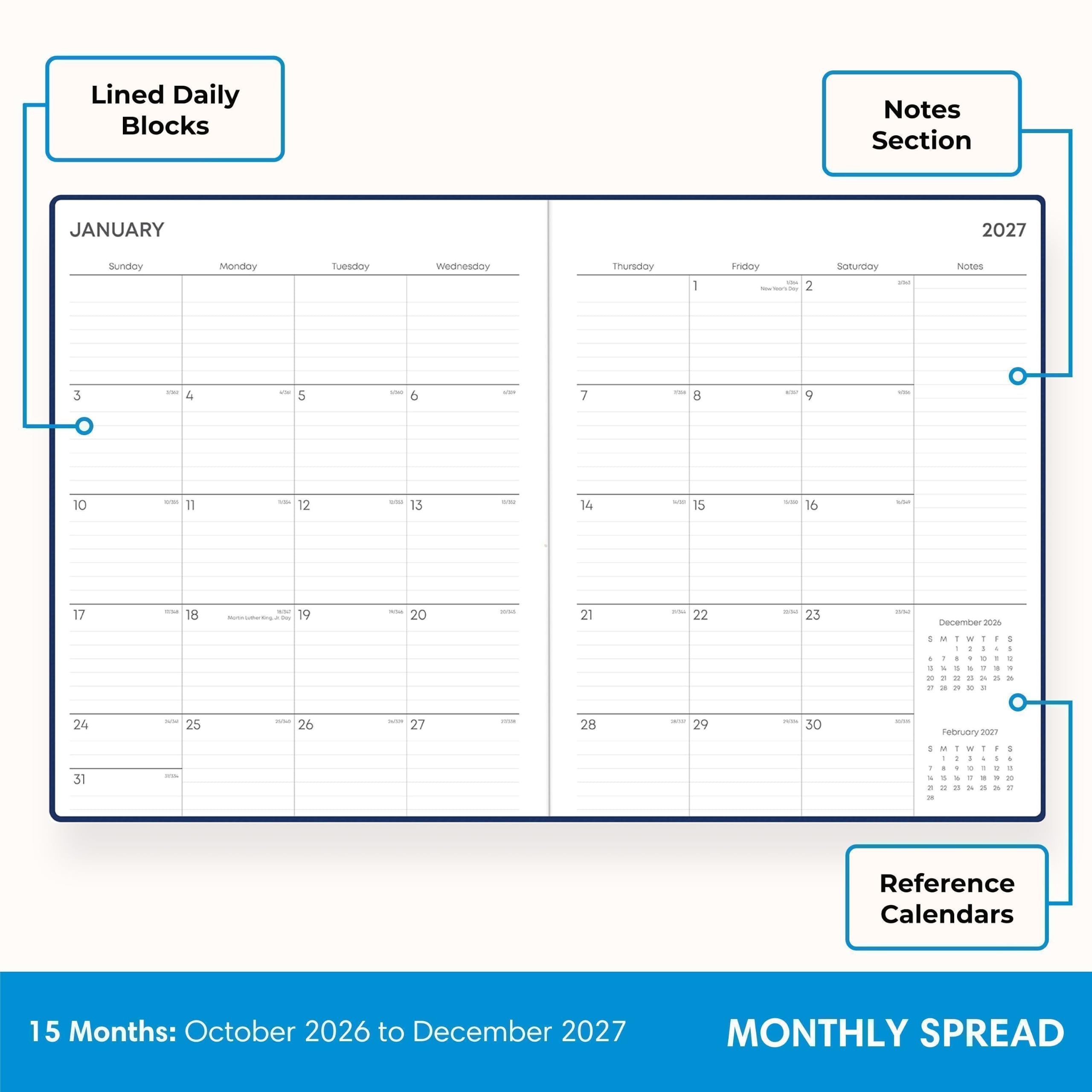 Lined Daily Blocks

Notes Section

JANUARY
2027
Sunday
Monday
Tuesday
Wednesday
Thursday
Friday
Saturday
Notes
3
4
5
6
7
8
9
10
11
12
13
14
15
16
17
18
19
20
21
22
23
24
25
26
27
28
29
30
31

December 2026
1
2
3
4
5
6
7
8
9
10
11
12
13
14
15
16
17
18
19
20
21
22
23
24
25
26
27
28
29
30
31

February 2027
1
2
3
4
5
6
7
8
9
10
11
12
13
14
15
16
17
18