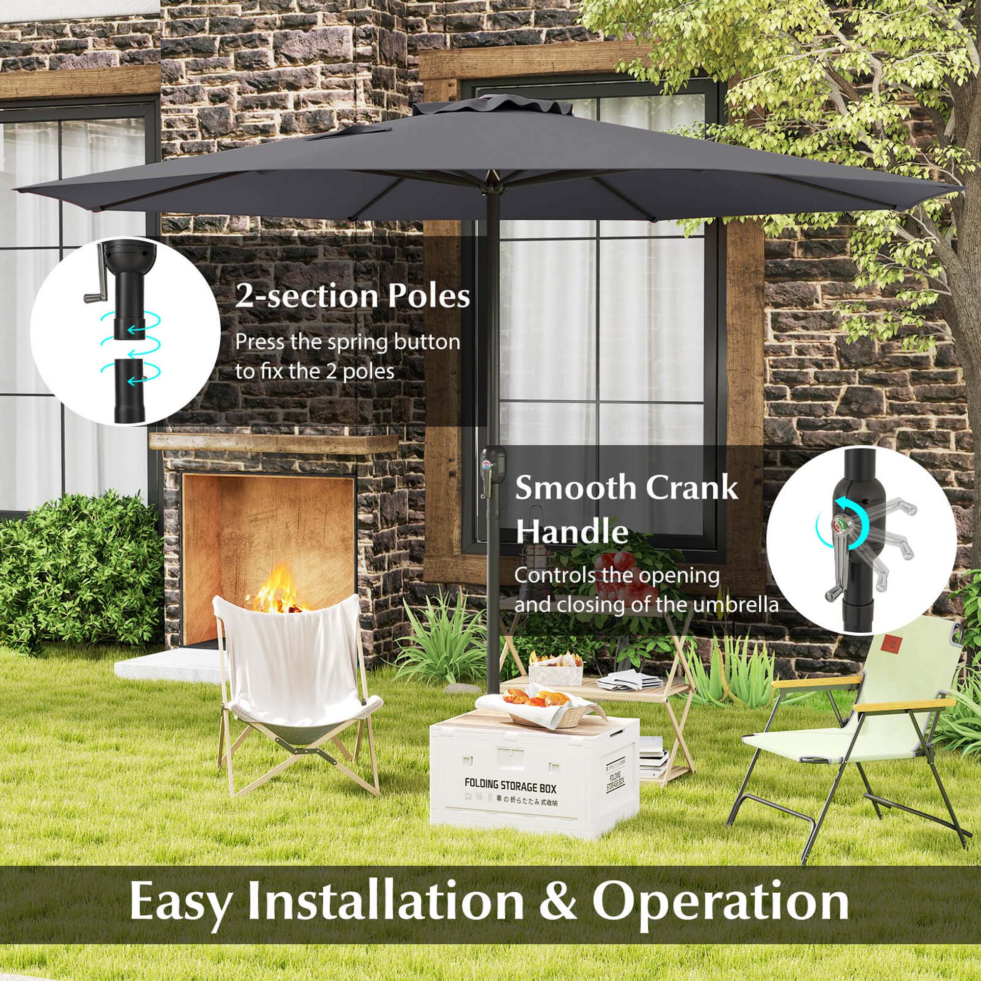 The image features an umbrella with a folding storage box, which is easy to install and operate. The umbrella has a smooth crank handle that controls the opening and closing of the umbrella. The 2-section poles have a spring button to fix the poles, making it convenient for users. The umbrella is set up in a backyard with chairs and a fireplace, creating a cozy outdoor space.